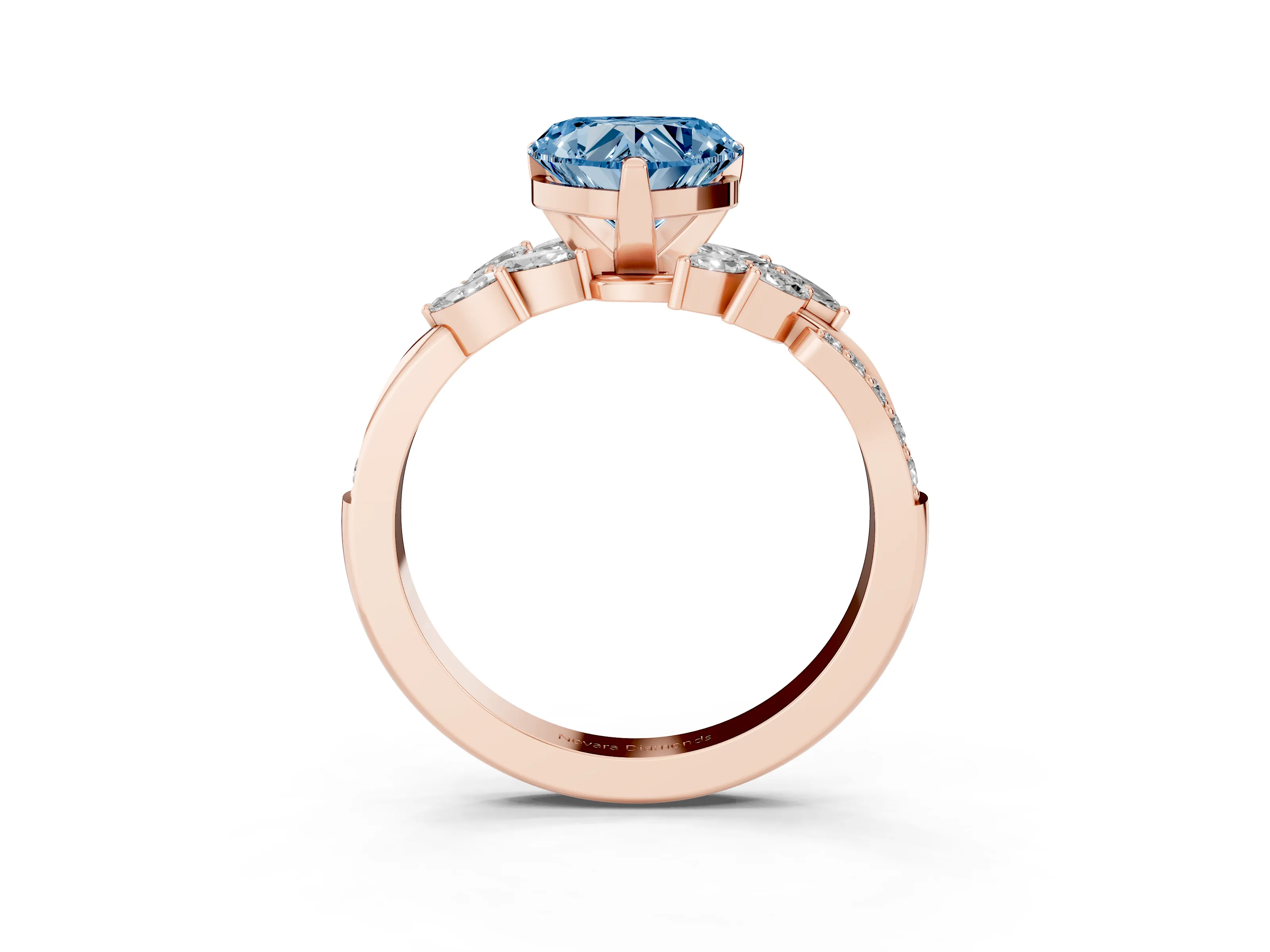 Fancy Blue Heart Cut Diamond Solitaire Ring Set in Rose gold with Marquise Twist Band and Prong Setting