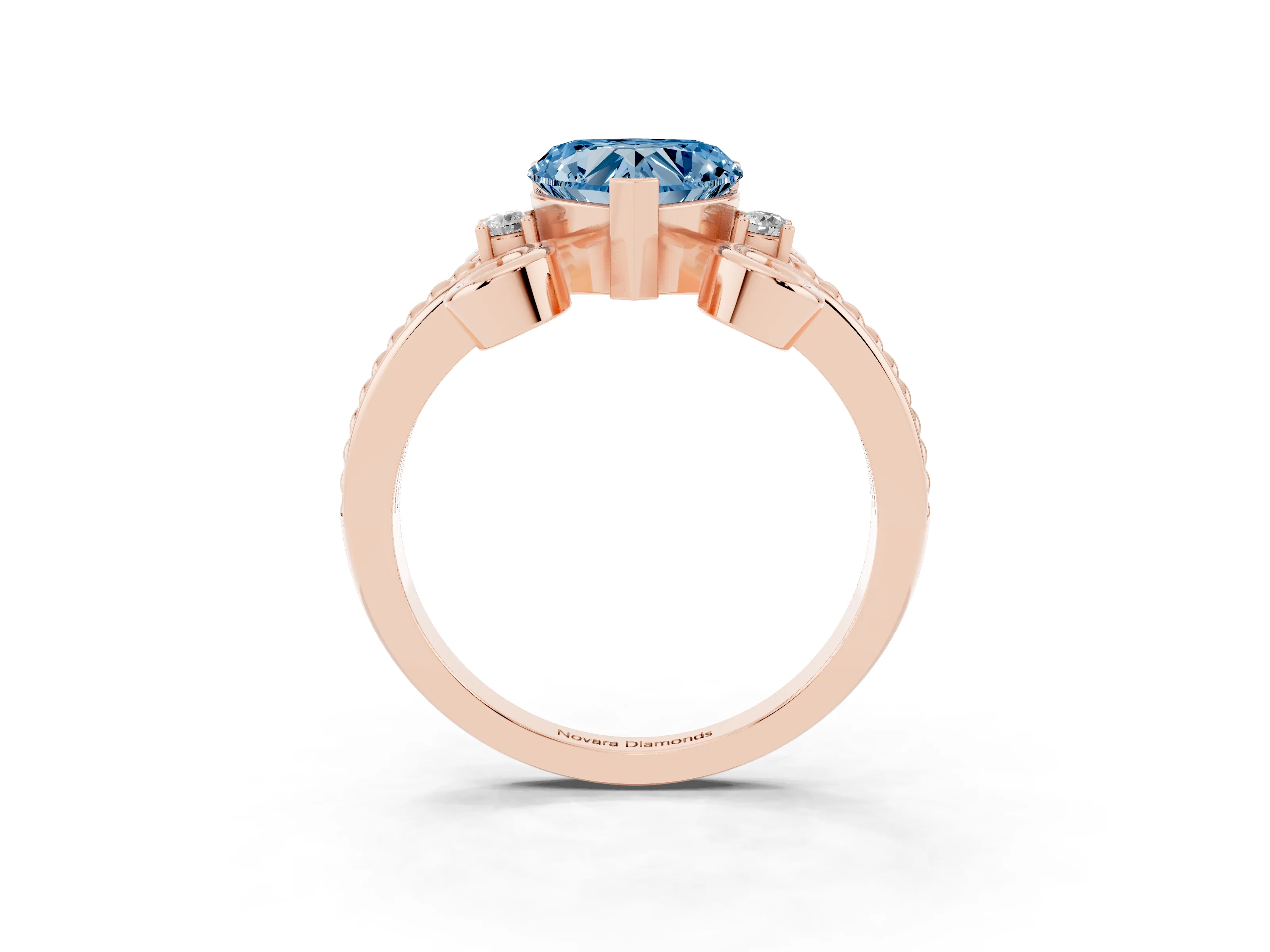 Fancy Blue Heart Cut Diamond Twisted Band Solitaire Ring Set in Rose gold with Scroll Prongs