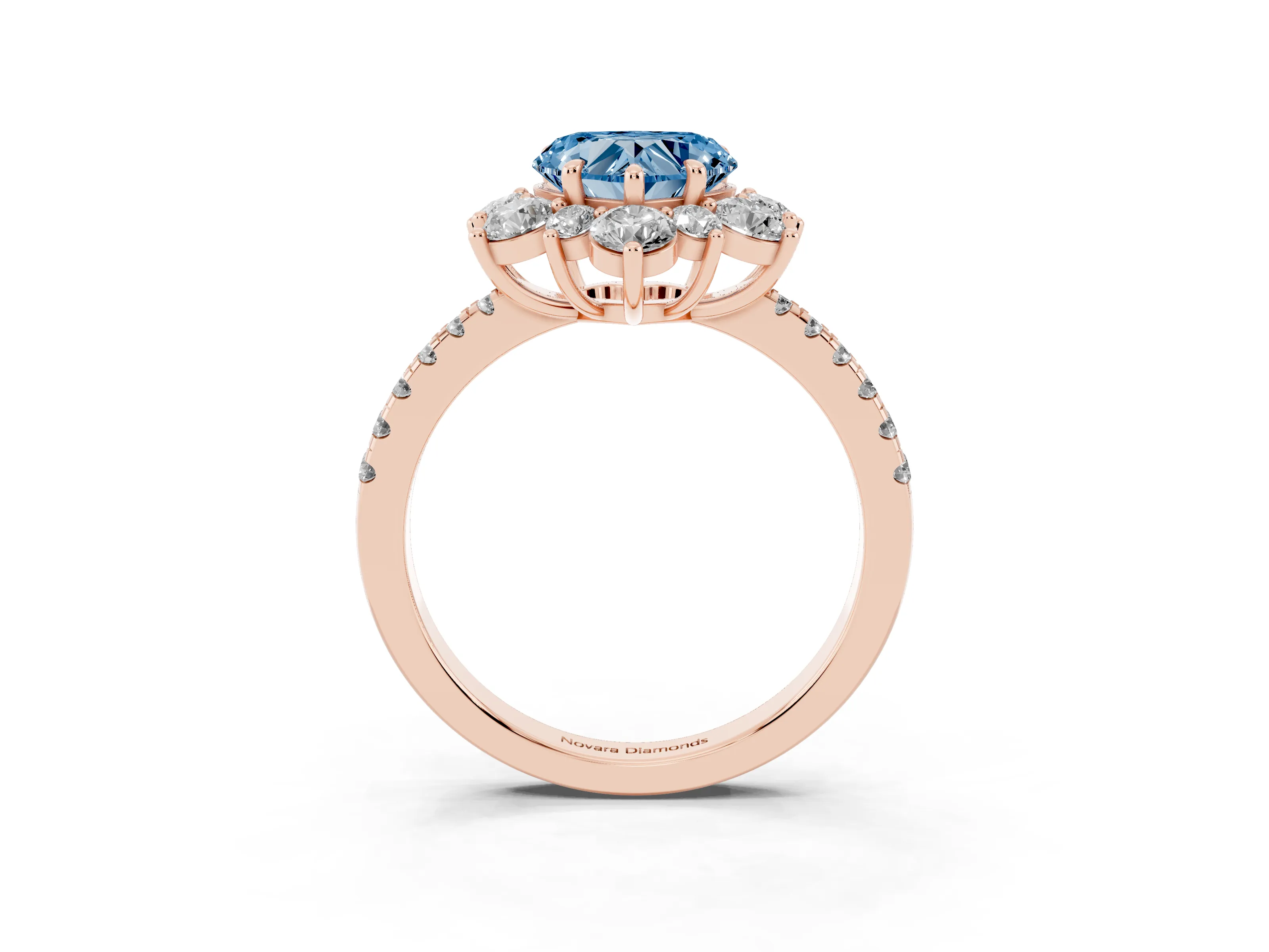Fancy Blue Heart Cut Diamond Floral Halo Ring Set in Rose gold with Round Pavé Band and Prong Setting