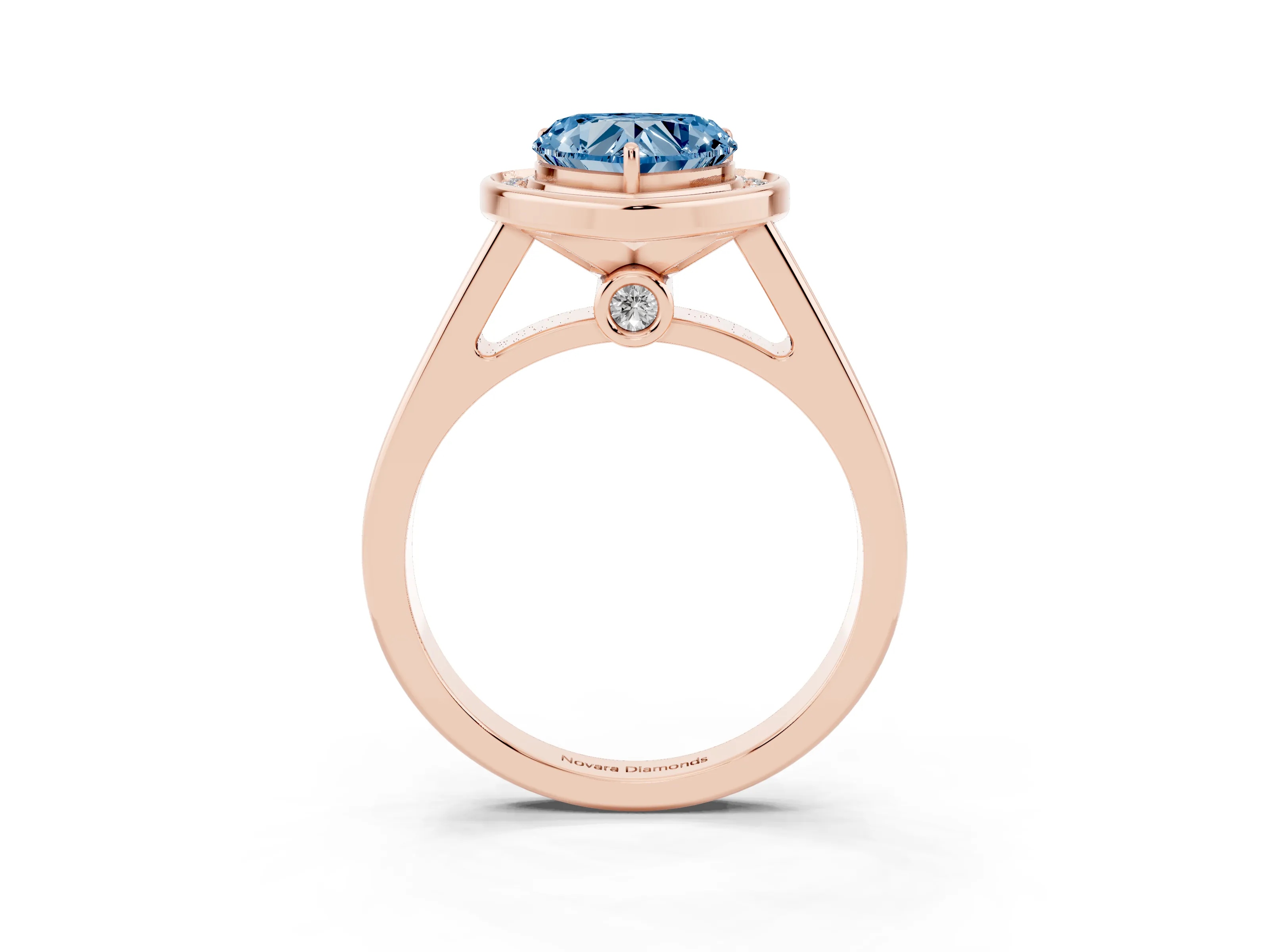 Fancy Blue Heart Cut Diamond Halo Solitaire Ring Set in Rose gold with Pavé Band and Bezel Setting