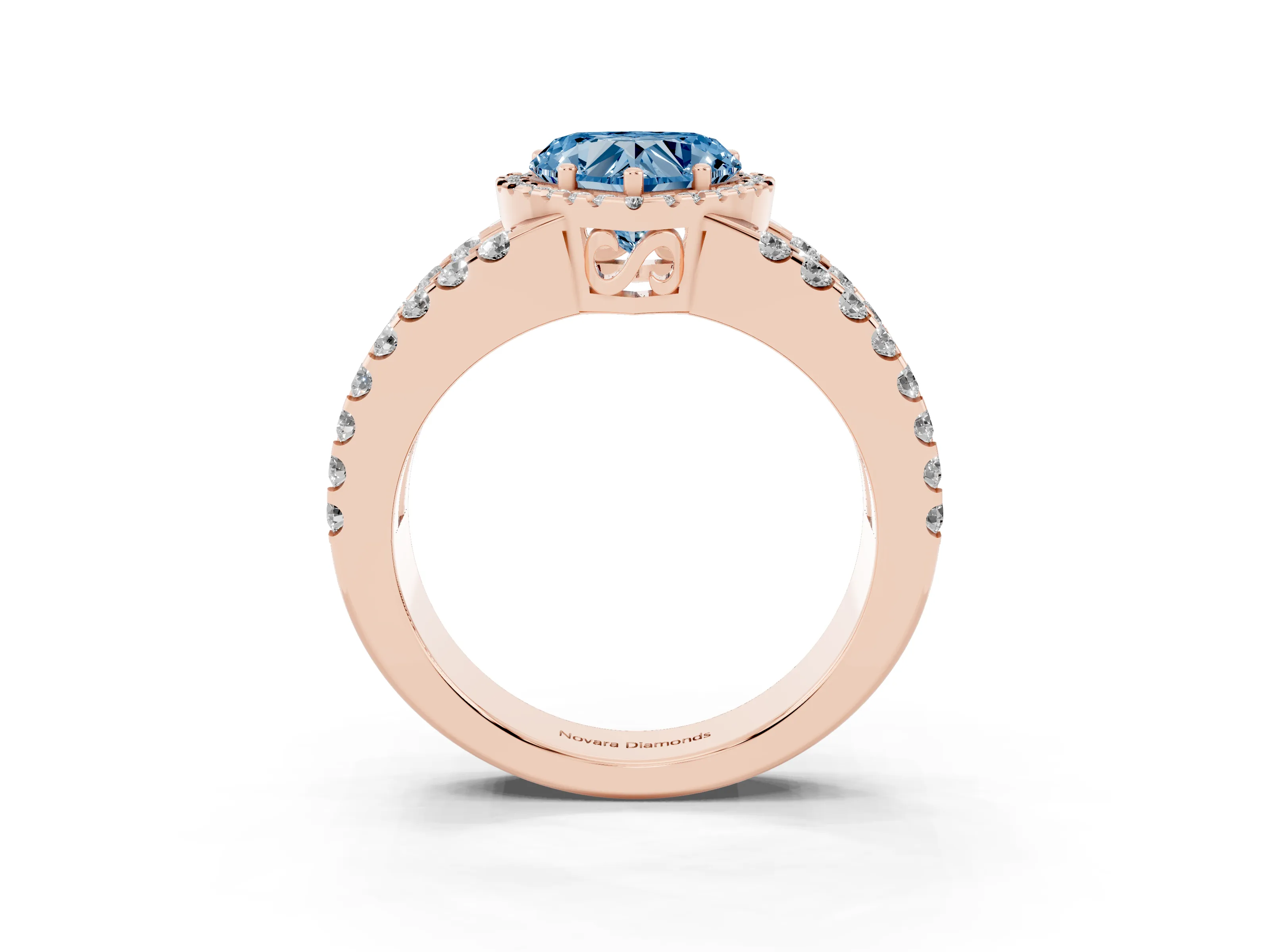 Fancy Blue Heart Cut Diamond Halo Ring Set in Rose gold with Pavé Split Shank and Prong Setting