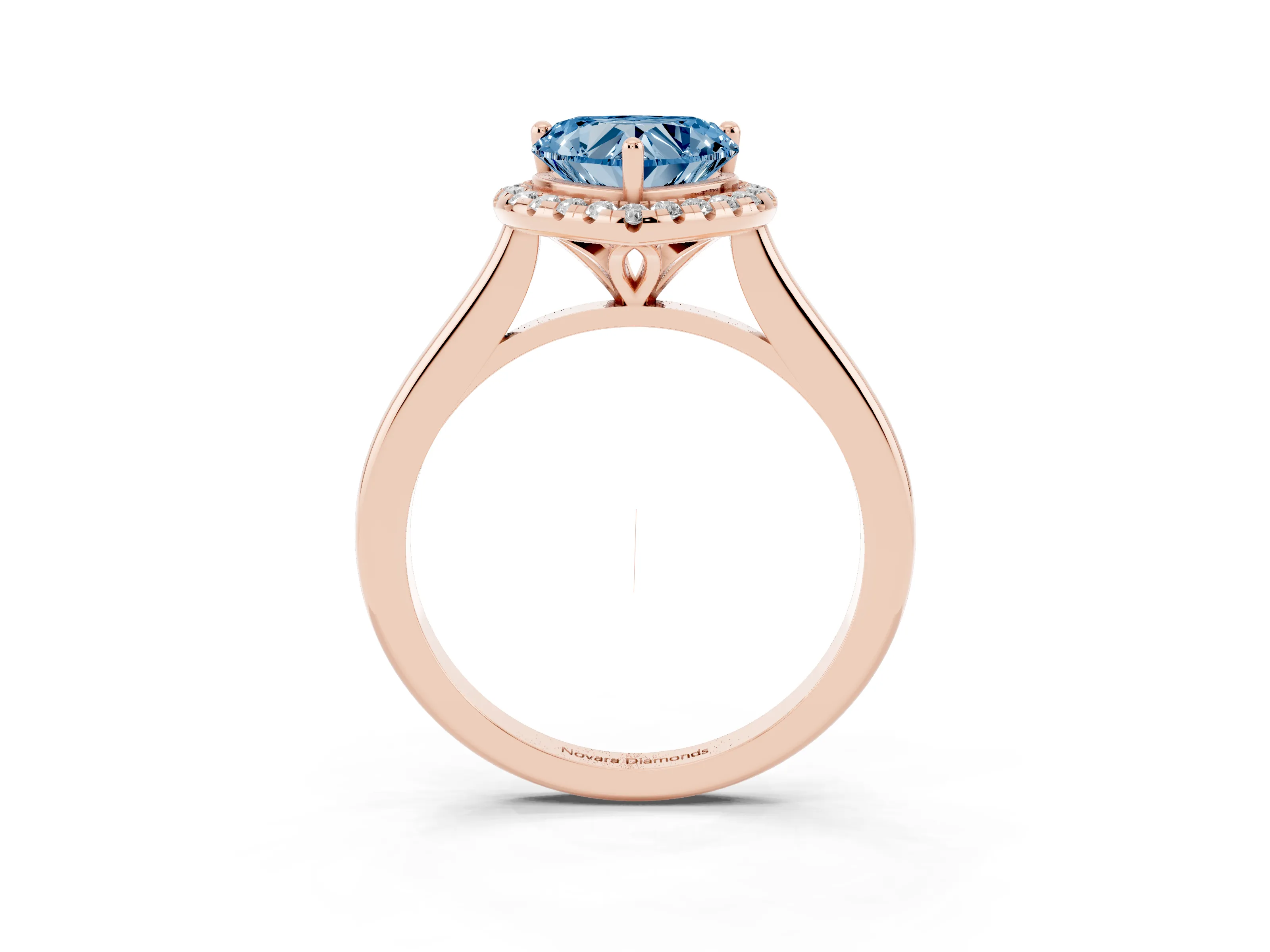 Fancy Blue Heart Cut Diamond Halo Engagement Ring Set in Rose gold with Pavé Band and Rising Shoulders