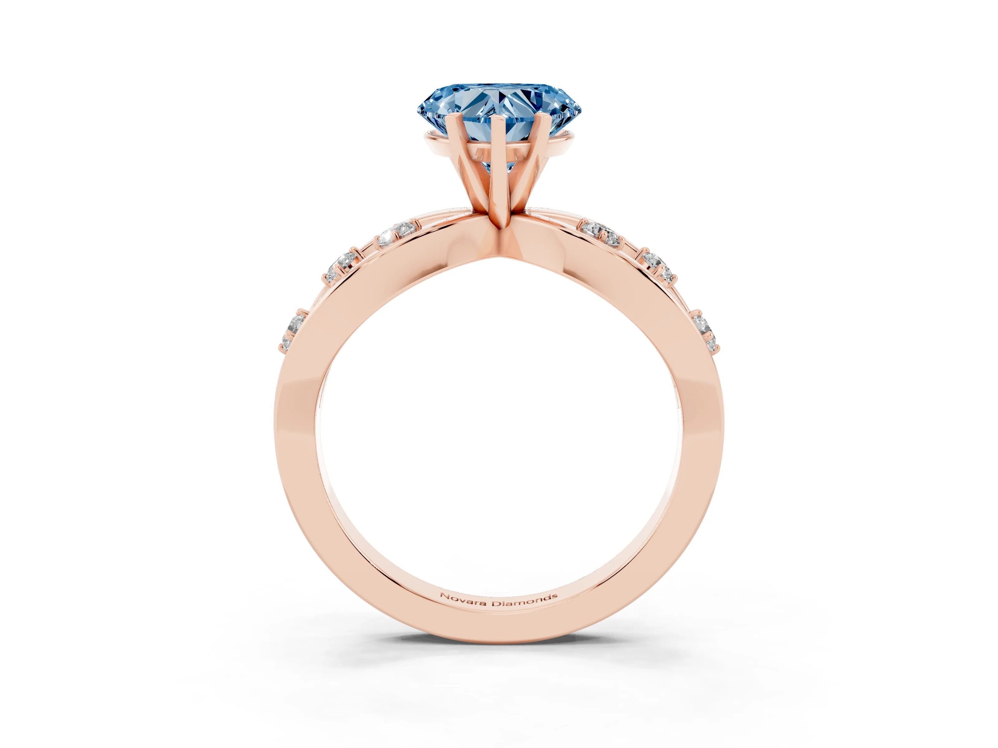 Fancy Blue Heart Cut Diamond Solitaire Ring Set in Rose gold with Side Stones on Criss-Cross Band and Prong Setting