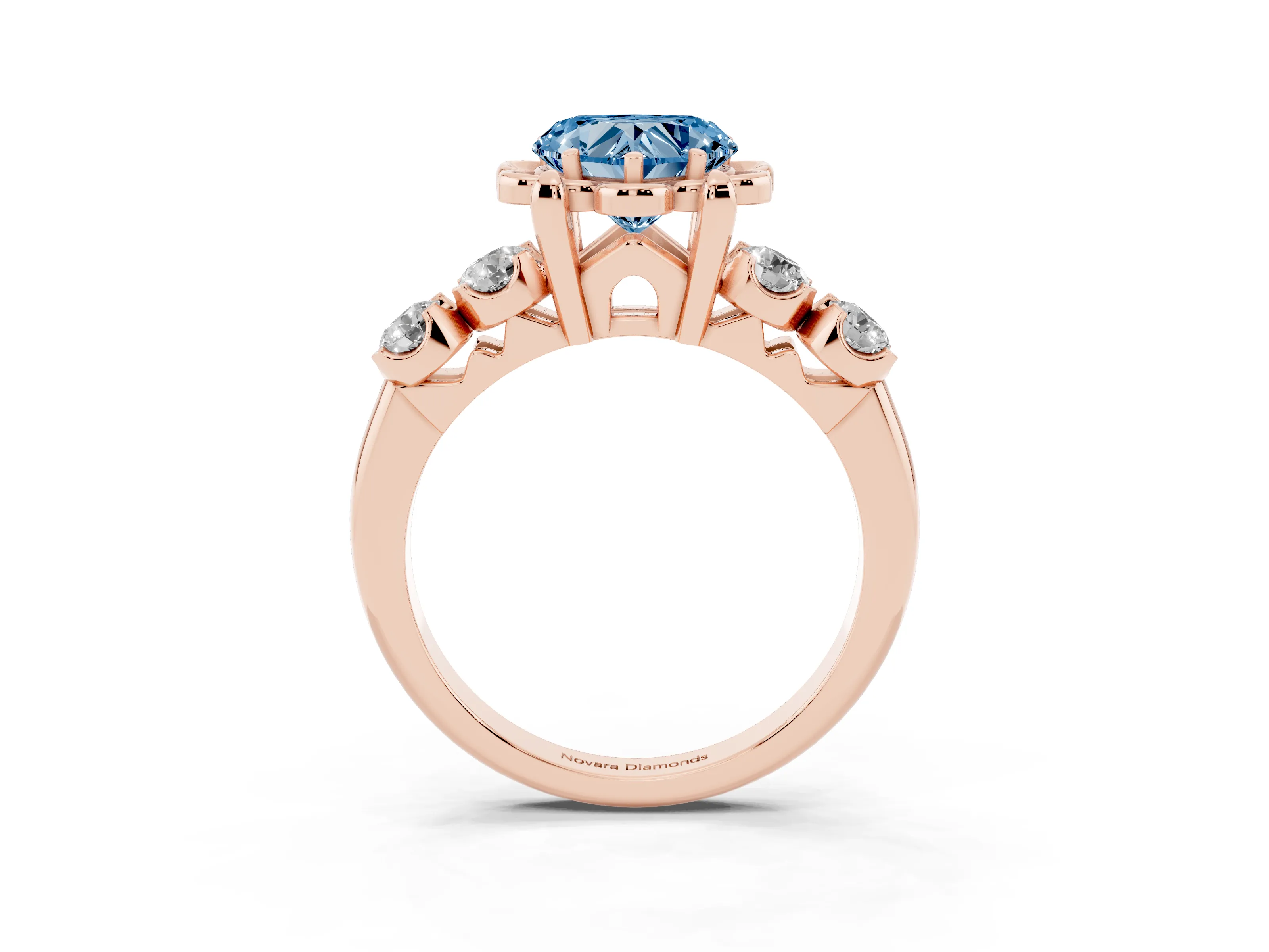 Fancy Blue Heart Cut Diamond Floral Halo Ring Set in Rose gold with Shared Prong Band