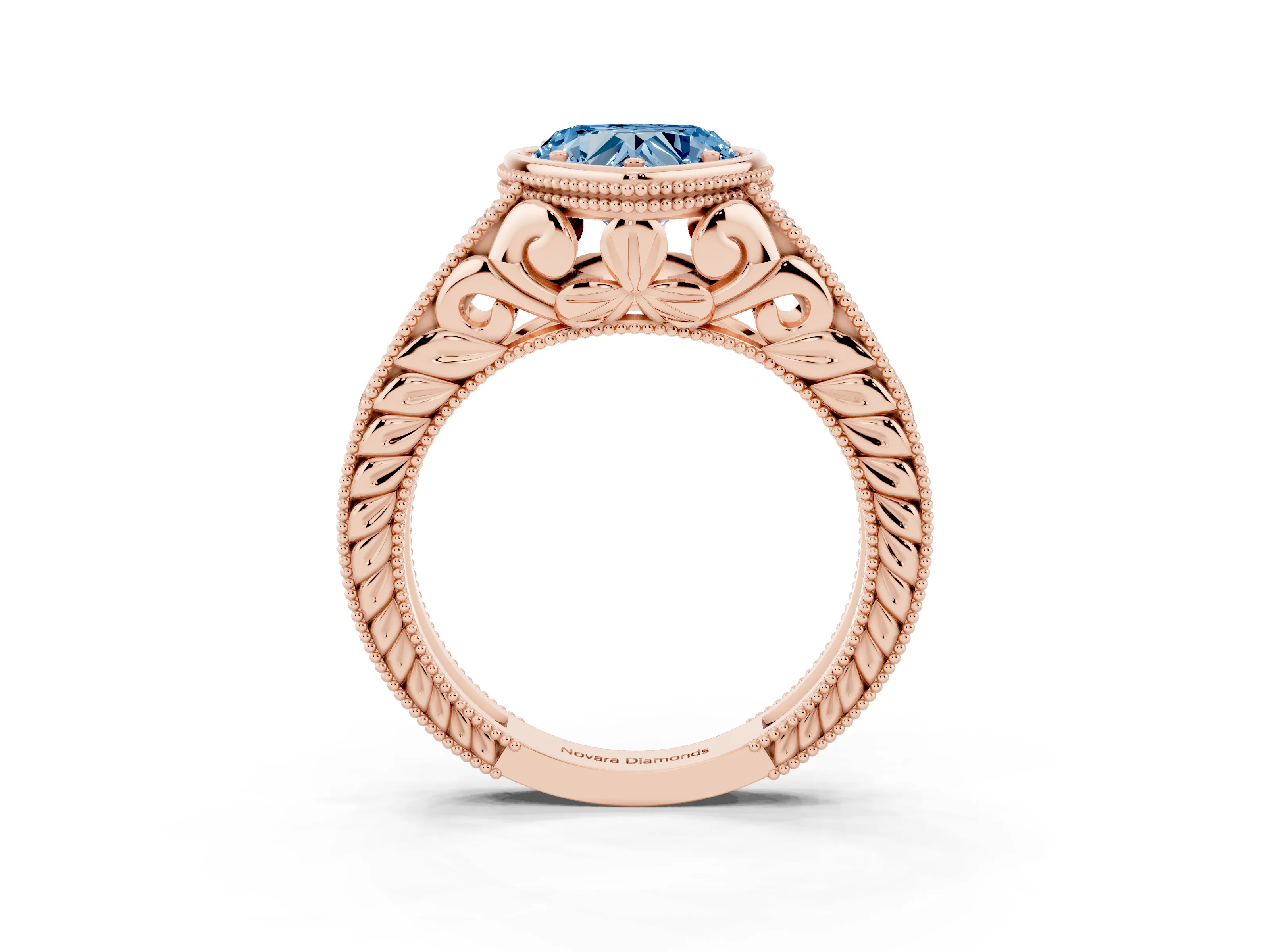 Fancy Blue Bezel Set Heart Cut Diamond Milgrain Pavé Engagement Ring Set in Rose gold