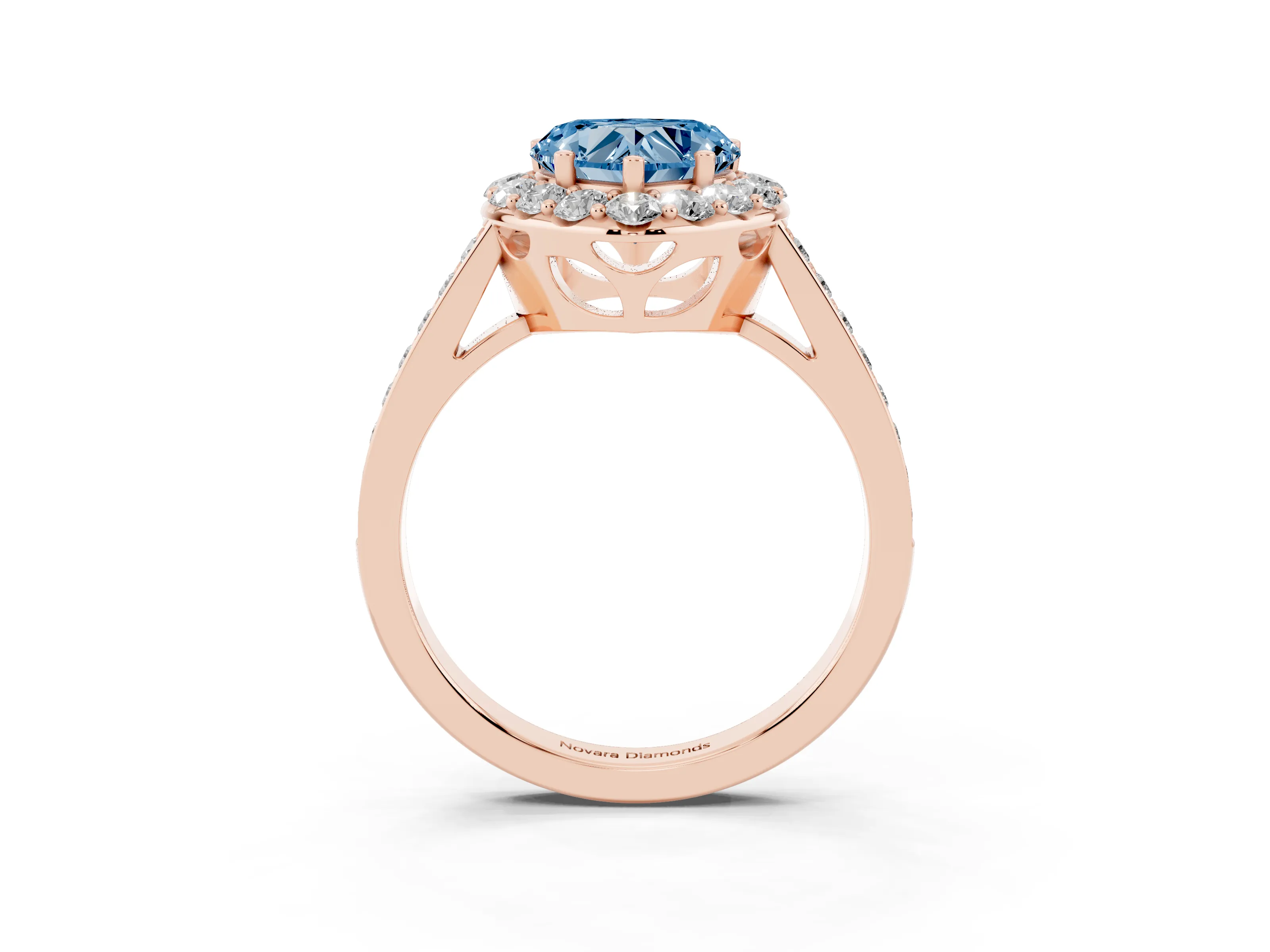 Fancy Blue Heart Cut Diamond Floral Halo Ring Set in Rose gold with Pavé Band and Prong Setting