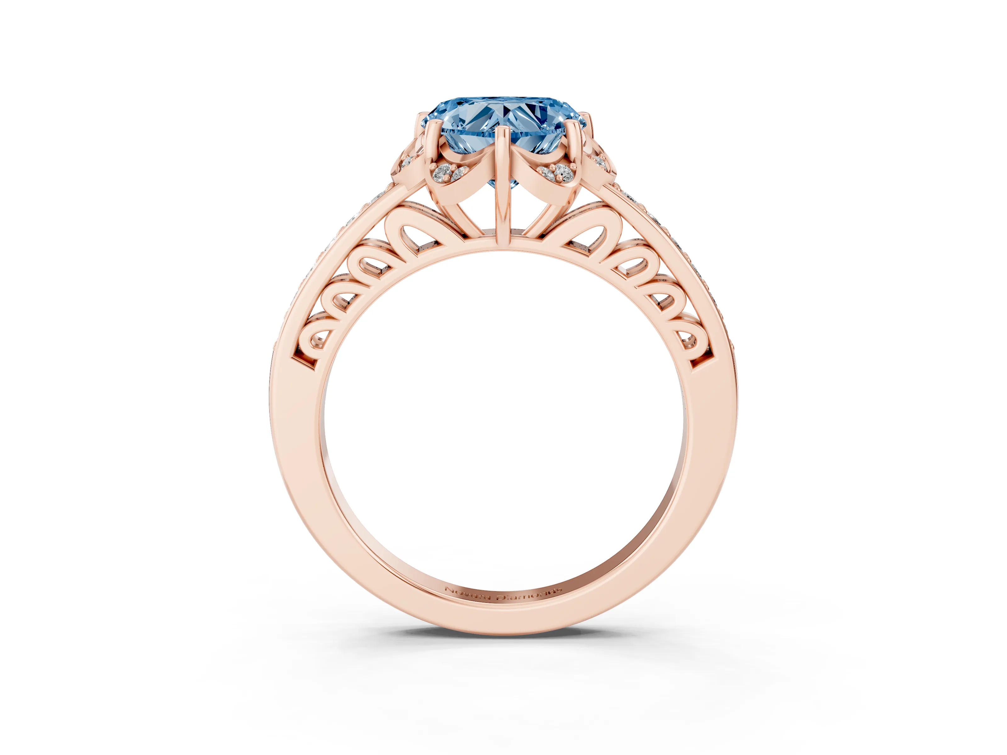 Fancy Blue Heart Cut Diamond Halo Ring Set in Rose gold with Channel Set Band and Prong Setting