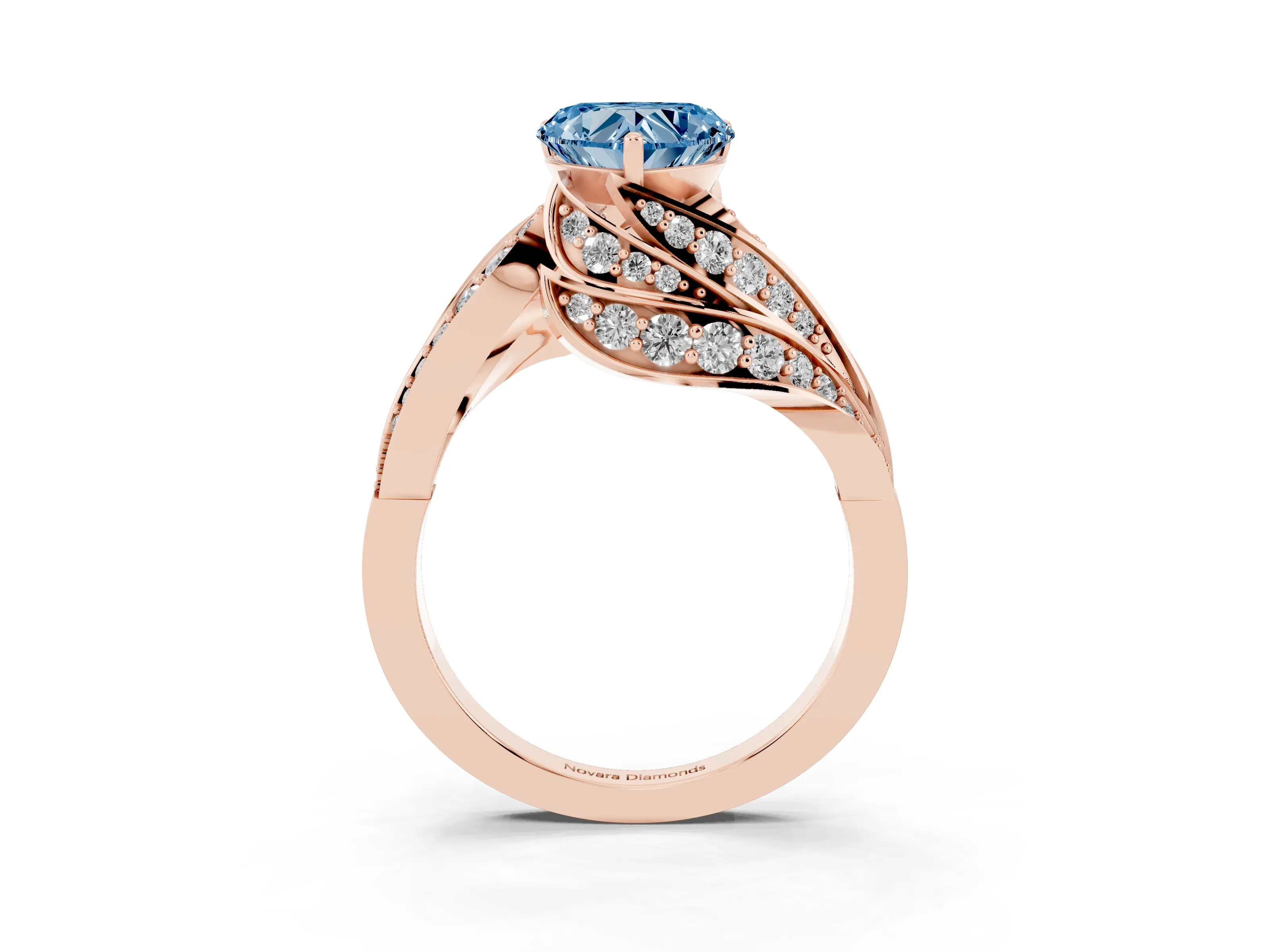 Fancy Blue Heart Cut Diamond Solitaire Ring Set in Rose gold with Layered Twist Pavé Band