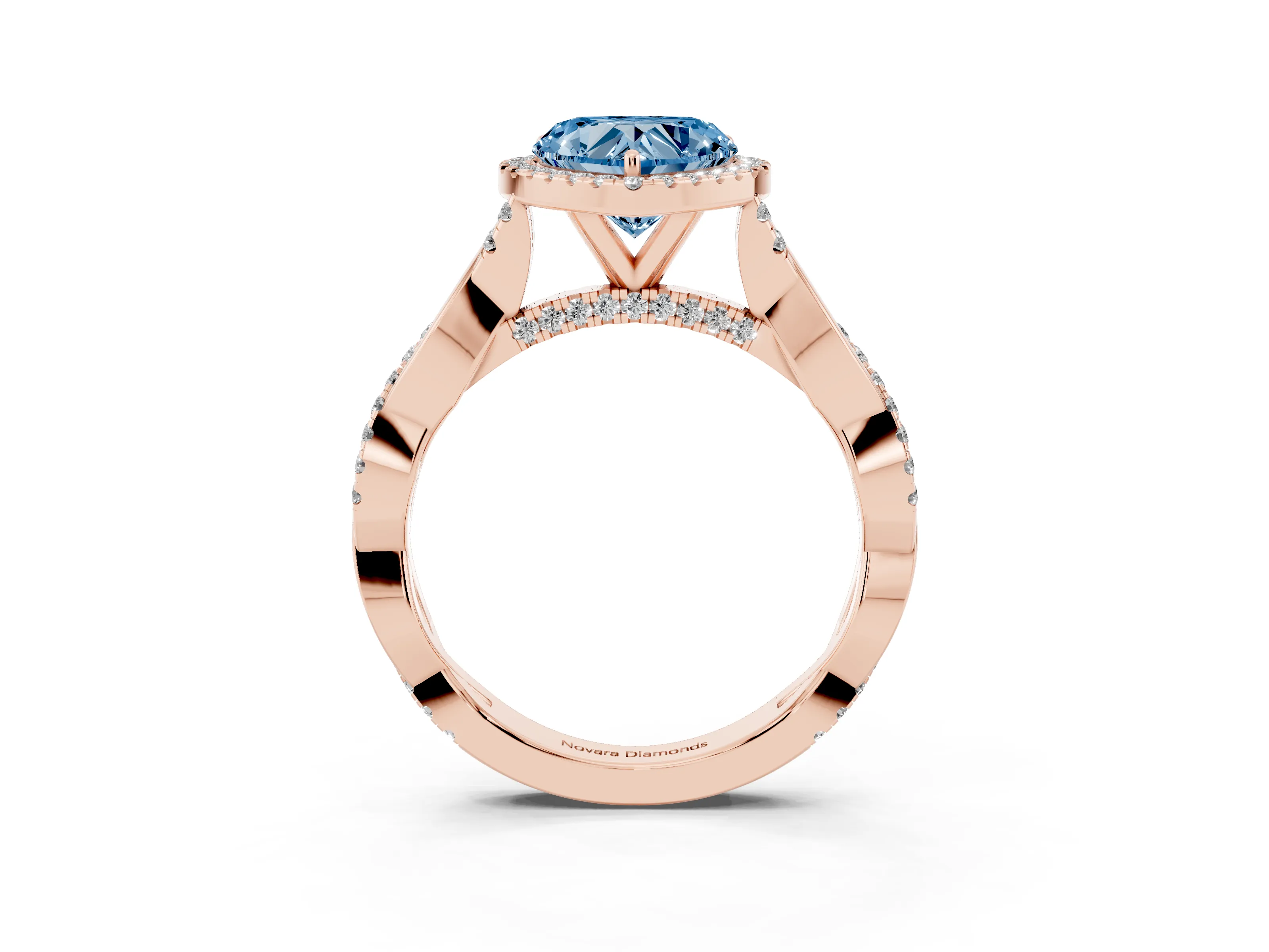 Fancy Blue Heart Cut Diamond Halo Twist Band Solitaire Ring Set in Rose gold with Prong Setting