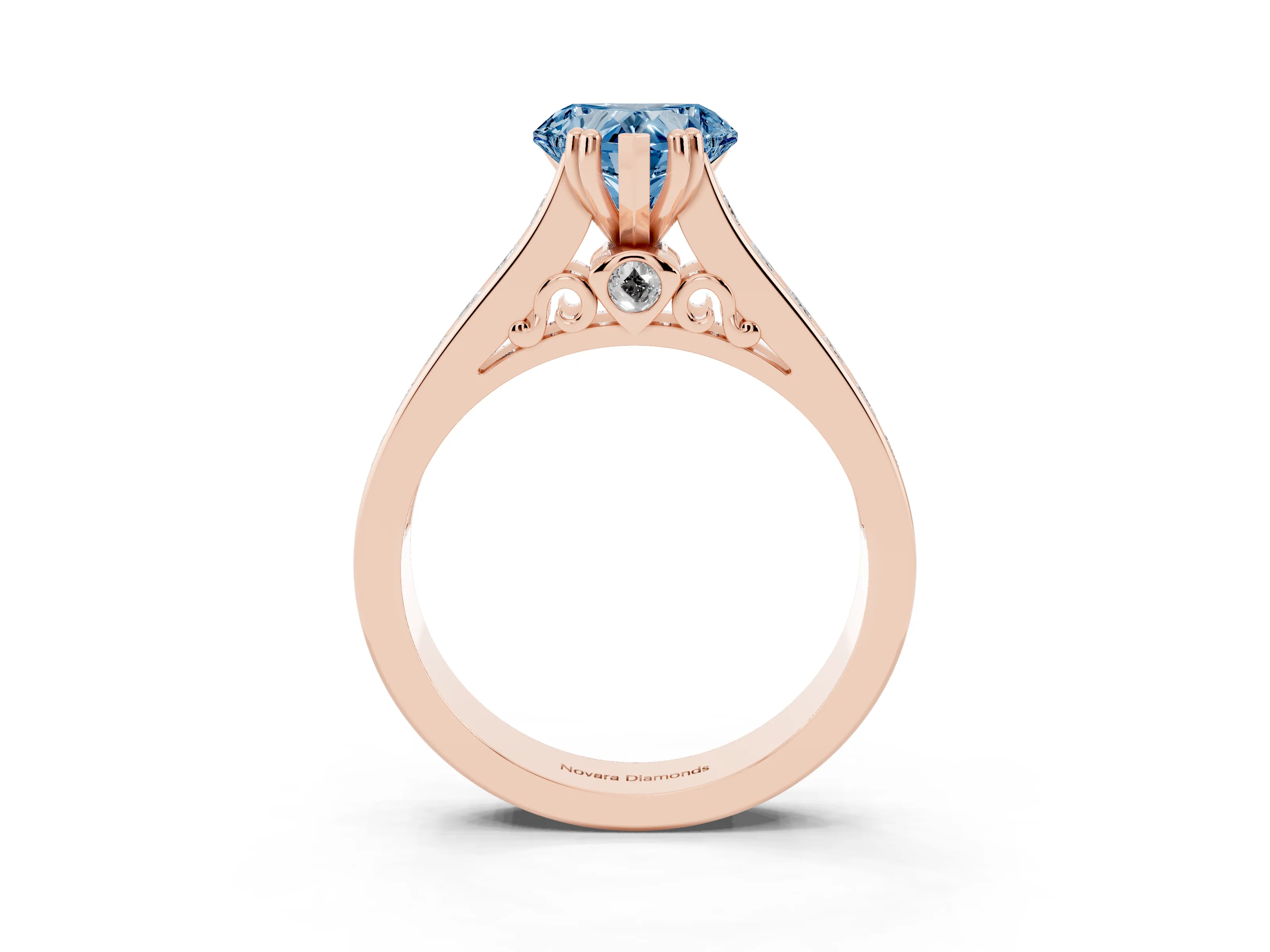 Fancy Blue Heart Cut Diamond Channel Set Solitaire Engagement Ring Set in Rose gold with Prong Setting