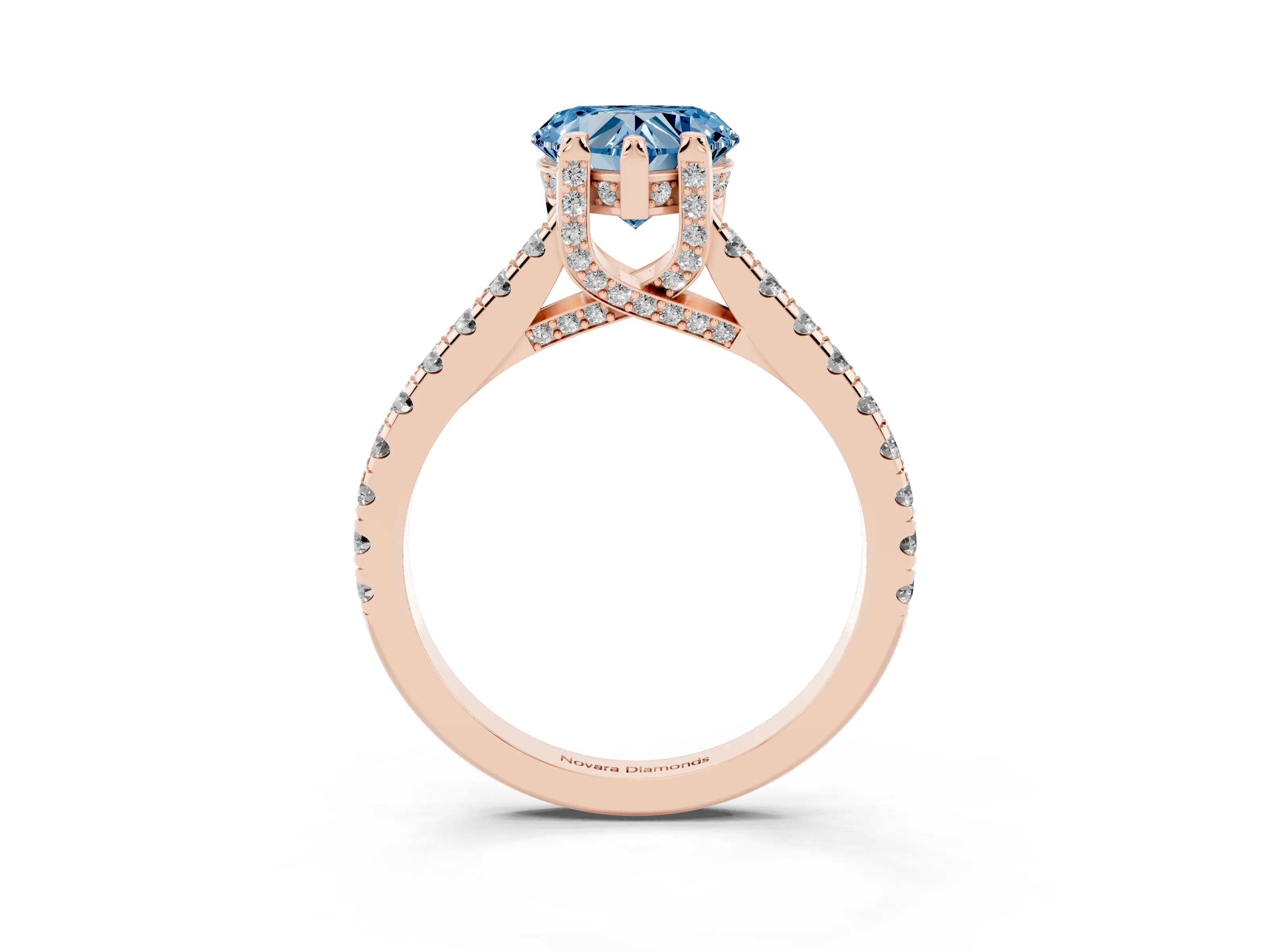 Fancy Blue Heart Cut Diamond Solitaire Ring Set in Rose gold with Brilliant Pavé Band and Prong Setting