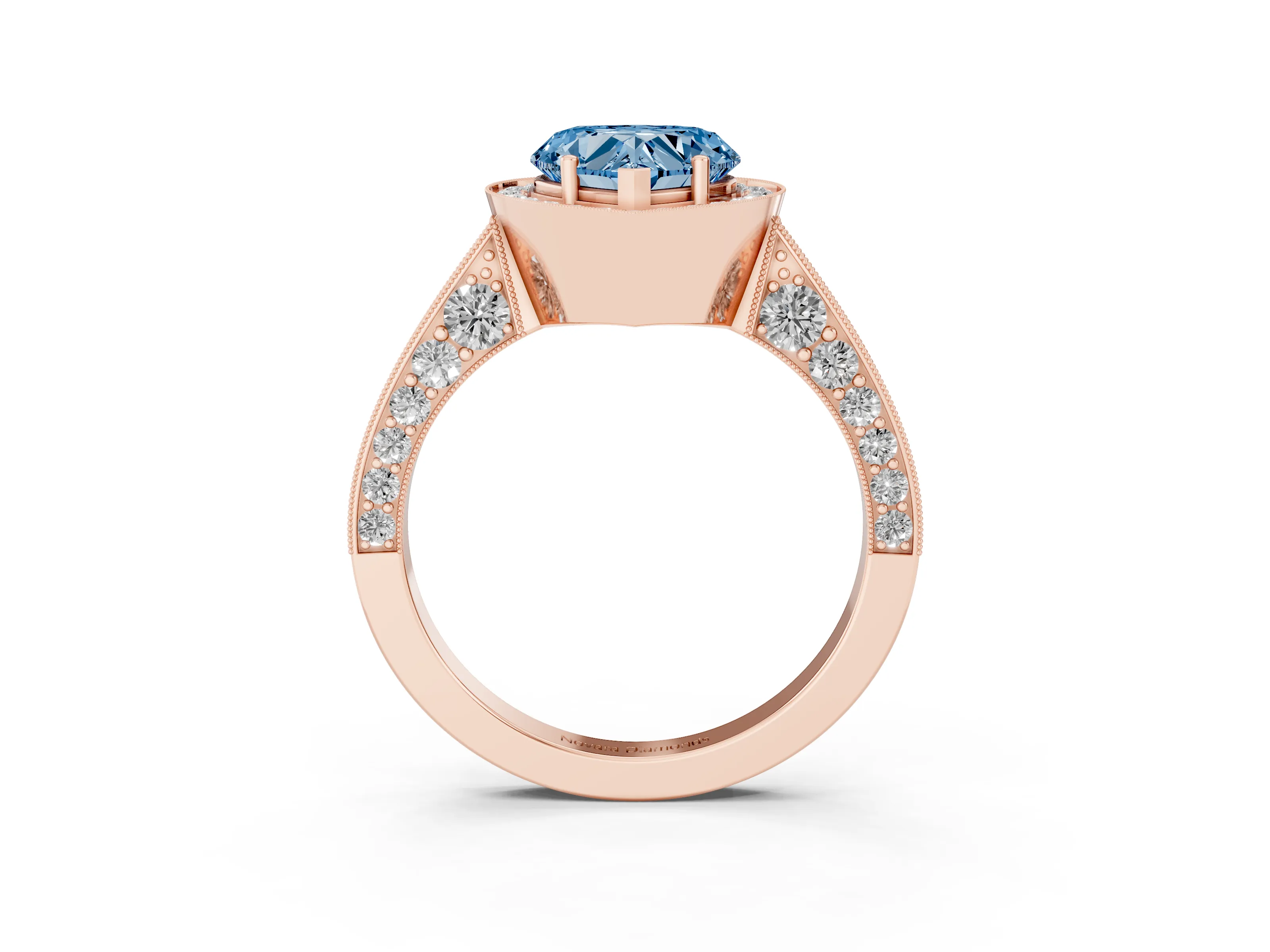 Fancy Blue Heart Cut Diamond Halo Engagement Ring Set in Rose gold with Accent Split Shank Band