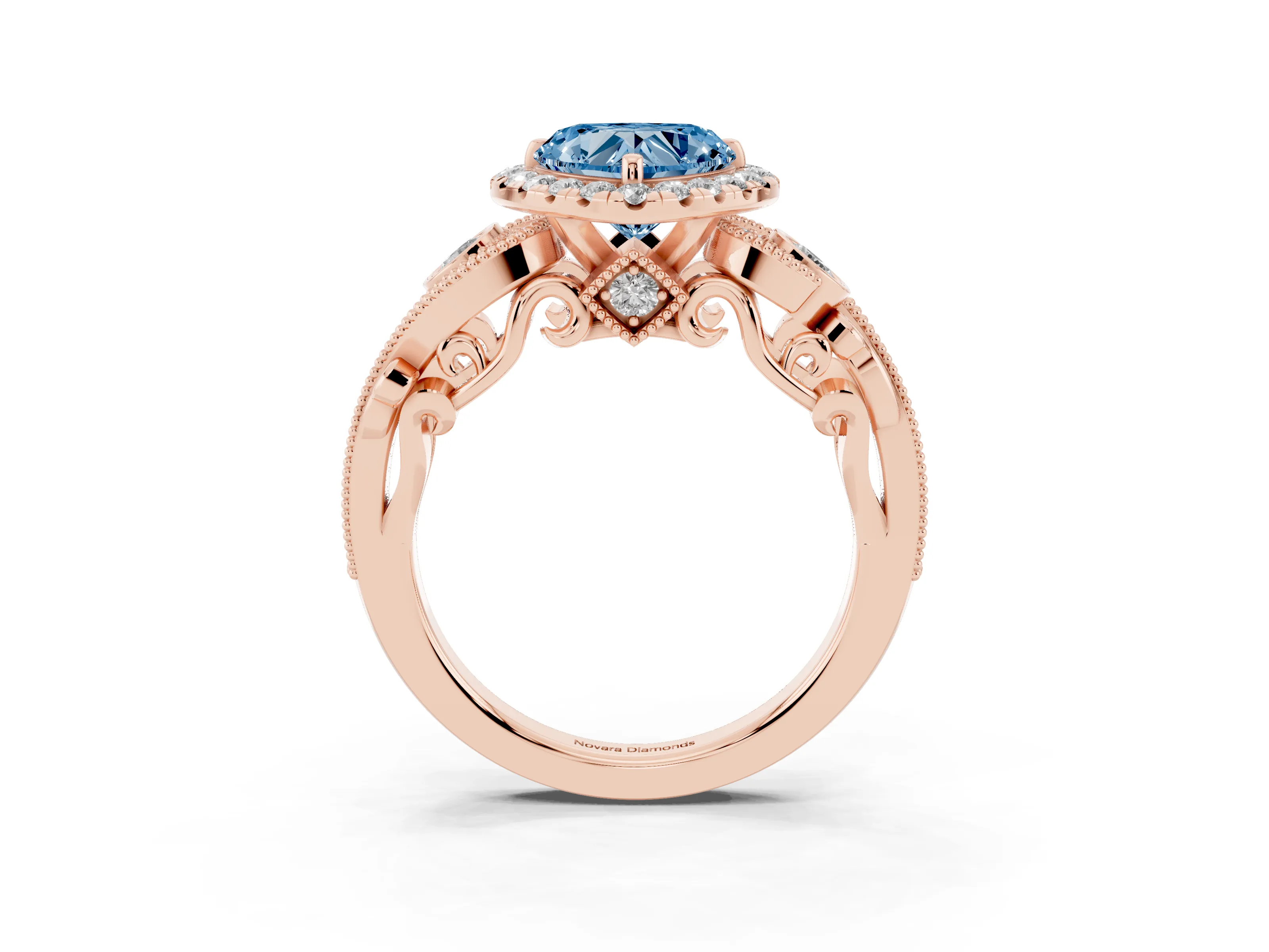 Fancy Blue Heart Cut Diamond Halo Ring Set in Rose gold with Milgrain Pavé Band and Prong Setting