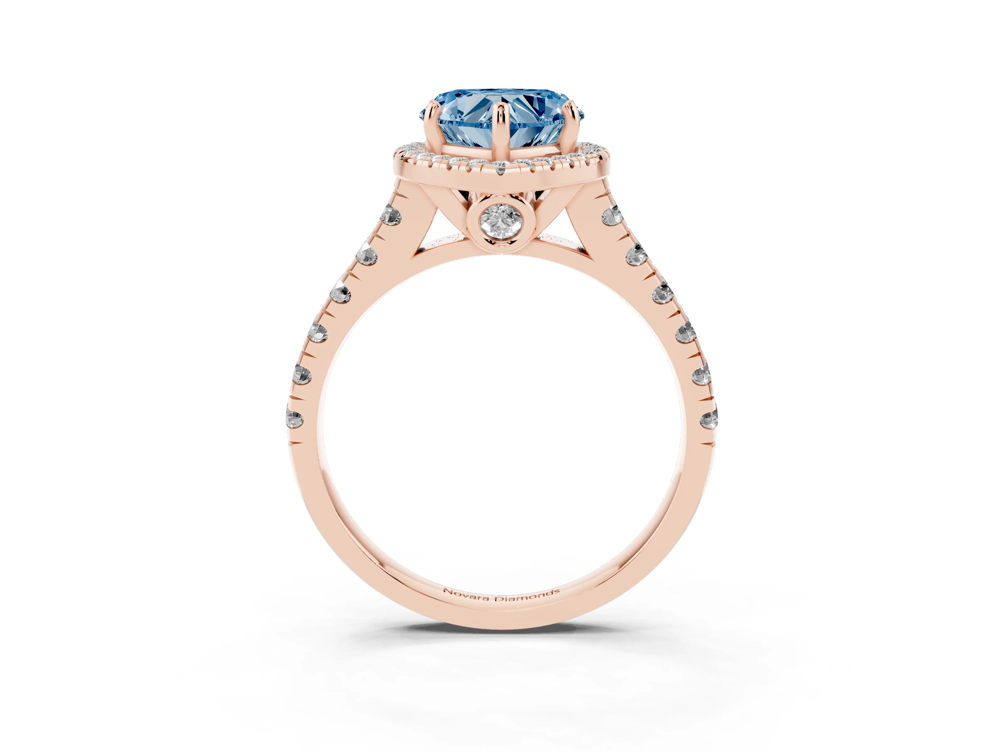 Fancy Blue Heart Cut Diamond Halo Engagement Ring Set in Rose gold with Pavé Band and Prong-Set Center