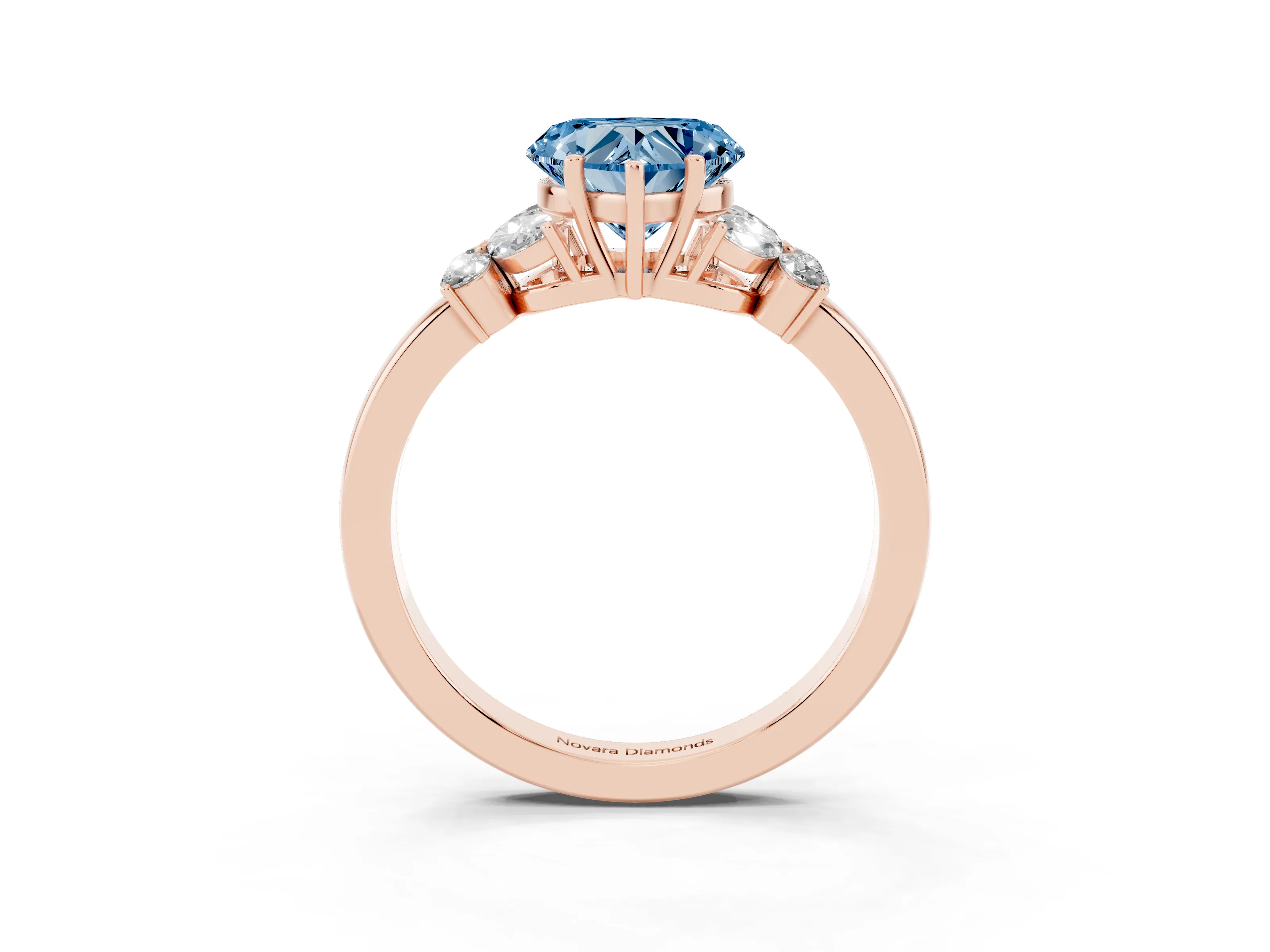 Fancy Blue Heart Cut Diamond Solitaire Floral Ring Set in Rose gold with Marquise Petals and Prong Setting