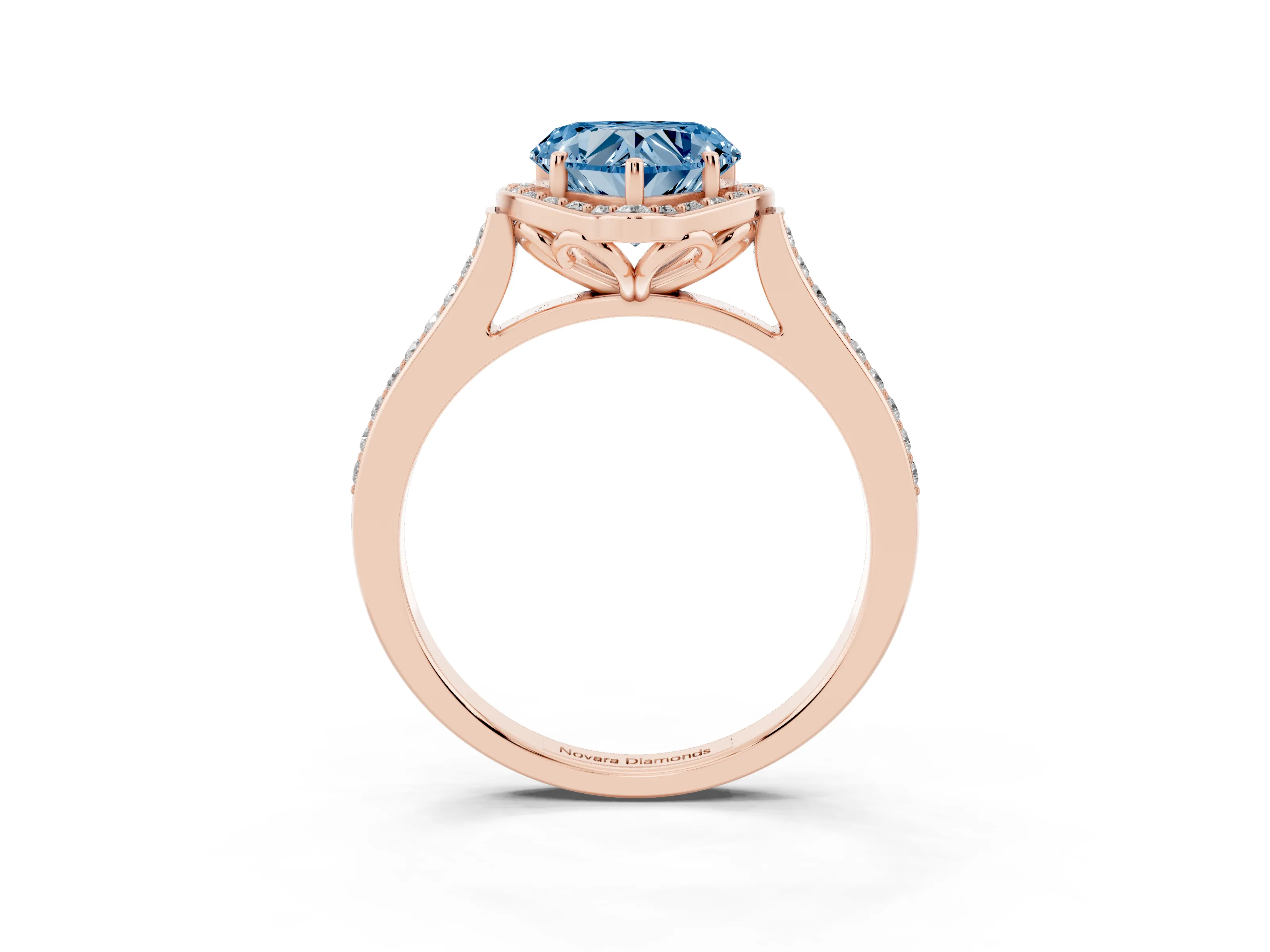 Fancy Blue Heart Cut Diamond Halo Ring Set in Rose gold with Pavé-Lined Shoulders and Prong Setting
