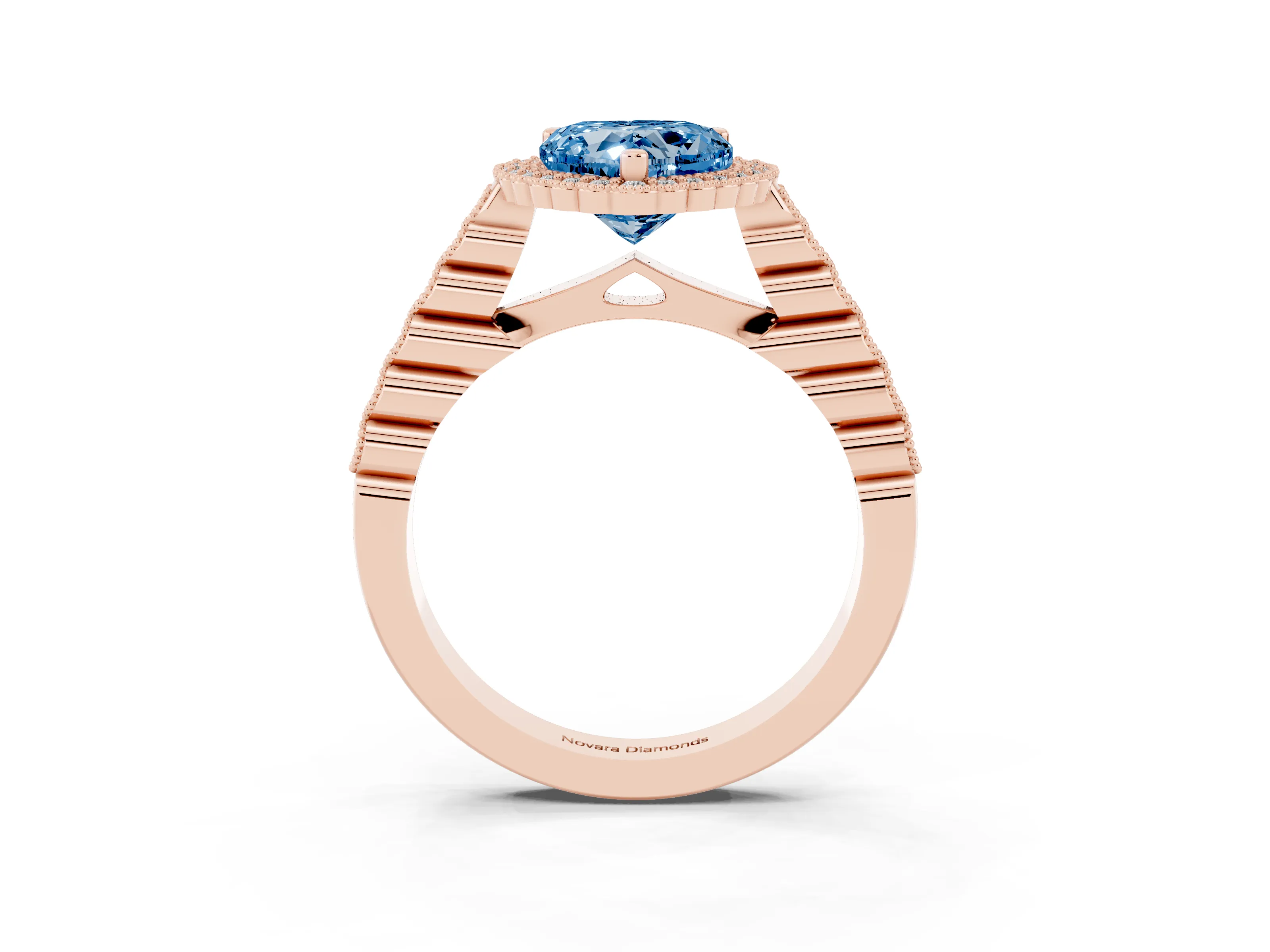 Fancy Blue Heart Cut Diamond Halo Ring Set in Rose gold with Pavé Milgrain Band
