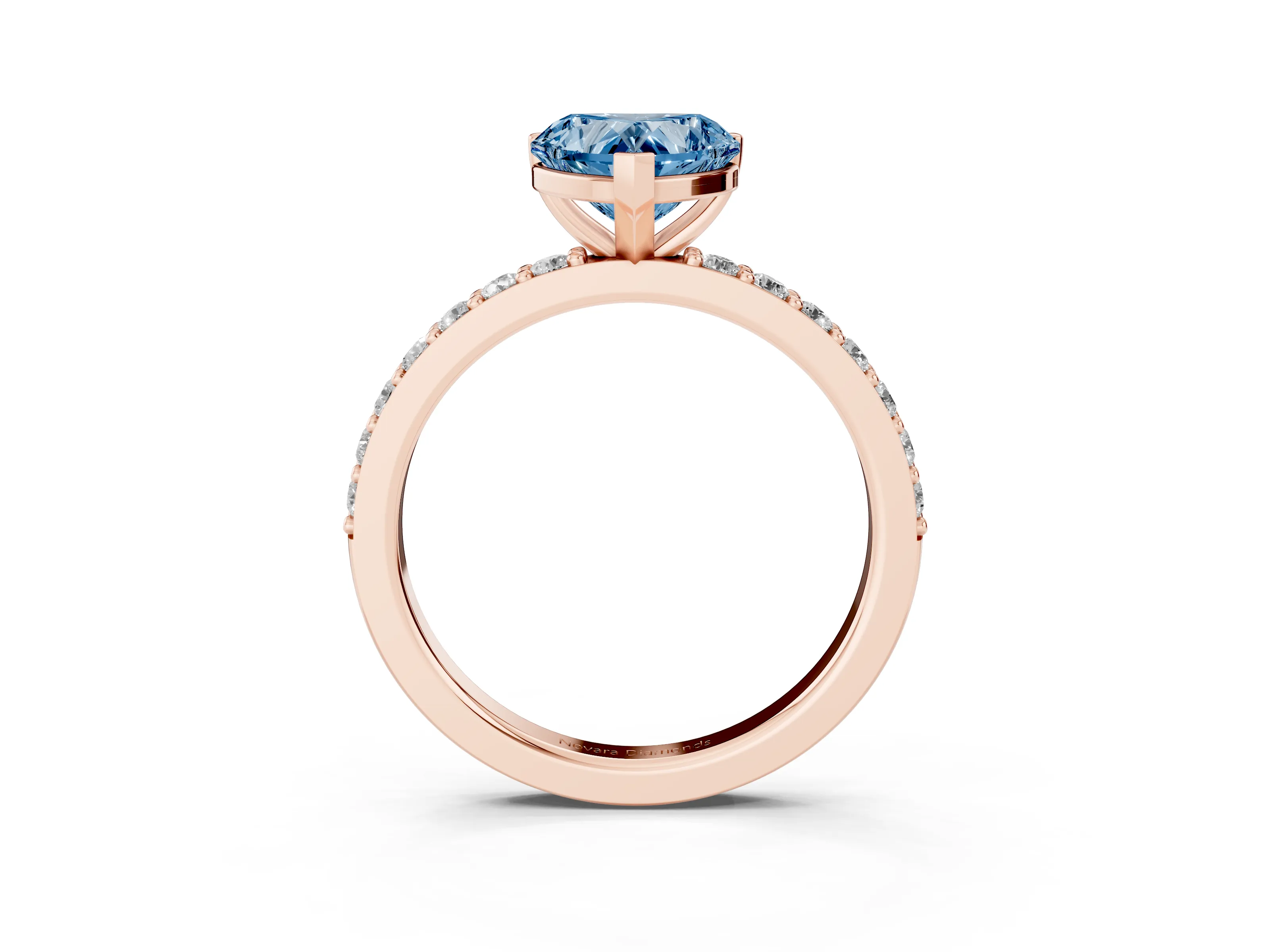 Fancy Blue Heart Cut Diamond Solitaire Set in Rose gold with Round Pavé Band and Prong Setting