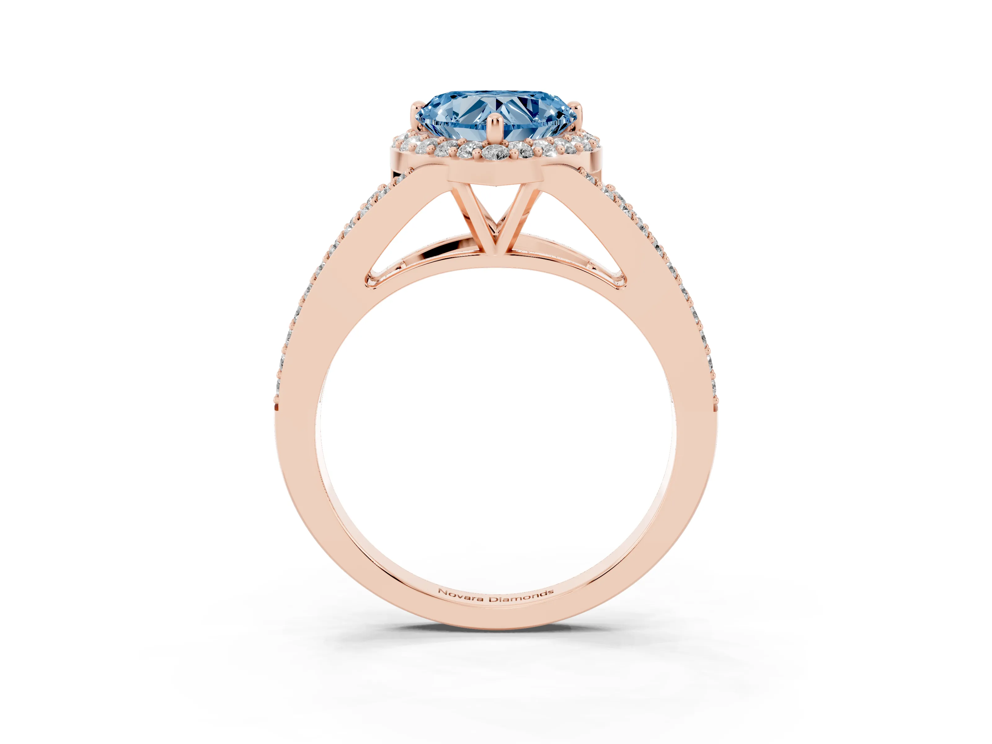Fancy Blue Heart Cut Diamond Halo Split Shank Pavé Ring Set in Rose gold with Prong Setting
