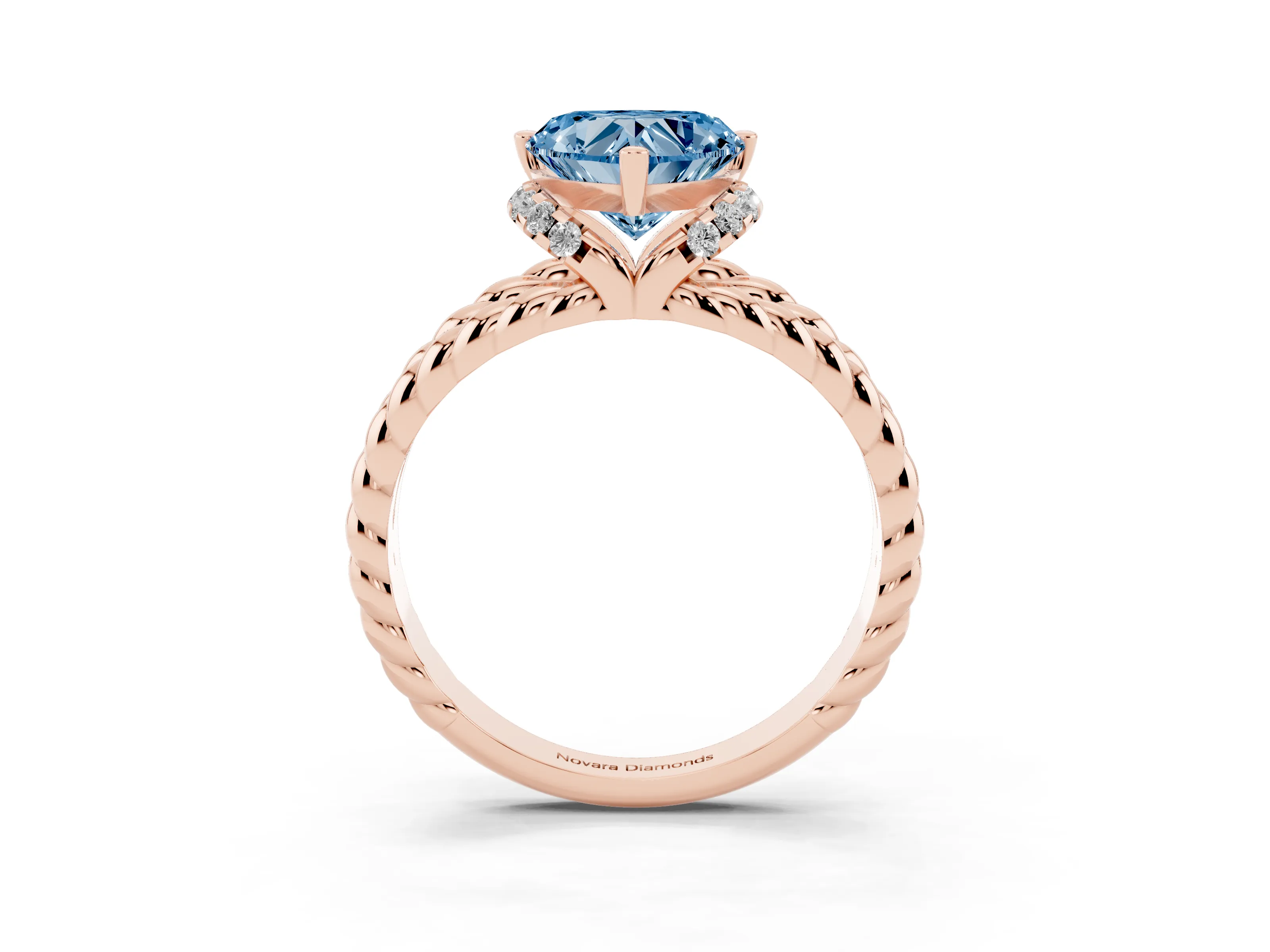 Fancy Blue Heart Cut Diamond Halo Ring Set in Rose gold with Twisted Band and Prong Setting