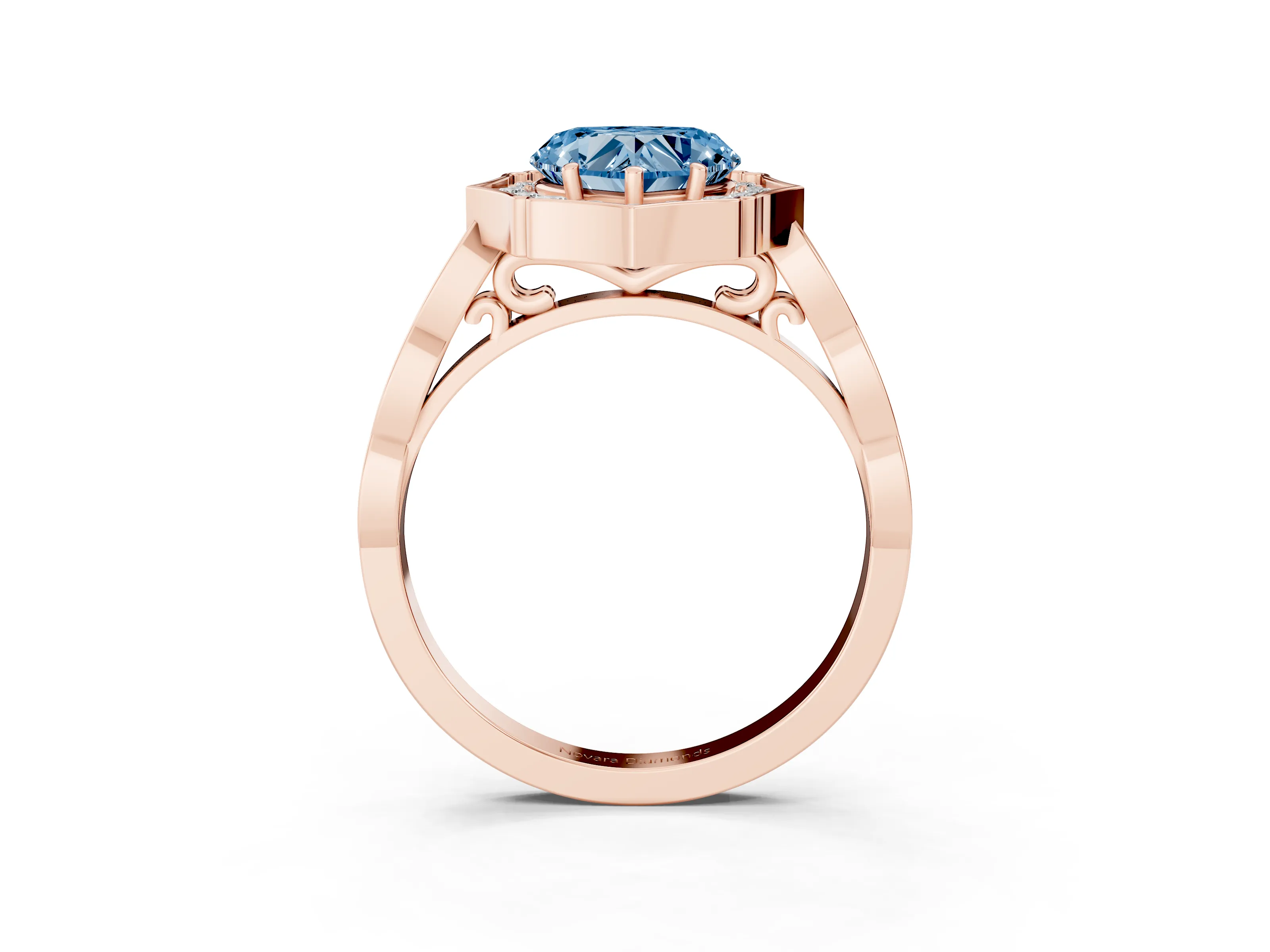 Fancy Blue Heart Cut Diamond Halo Engagement Ring Set in Rose gold with Milgrain Band and Prong Setting