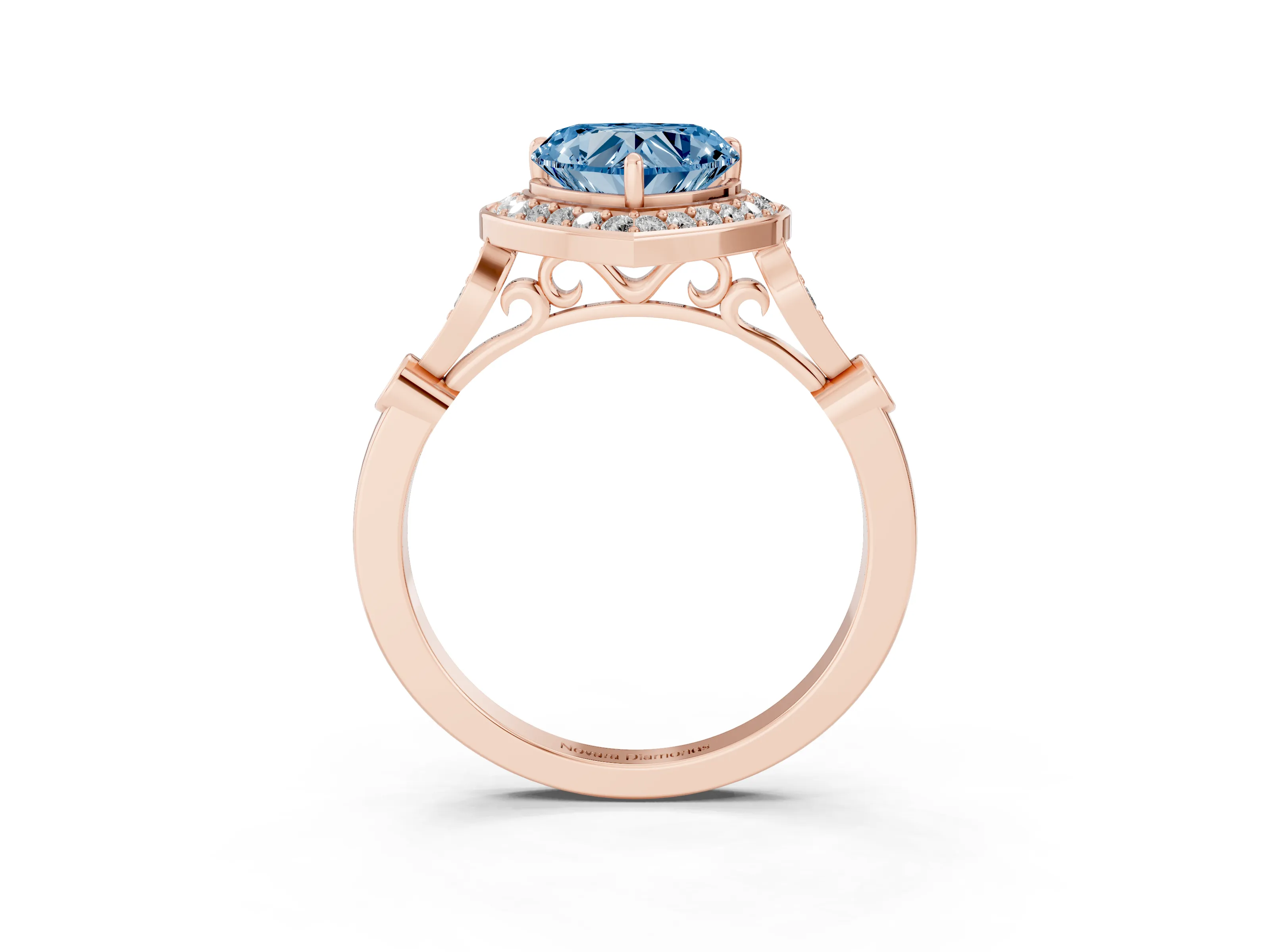 Fancy Blue Heart Cut Diamond Halo Engagement Ring Set in Rose gold with Twisted Band and Prong Setting