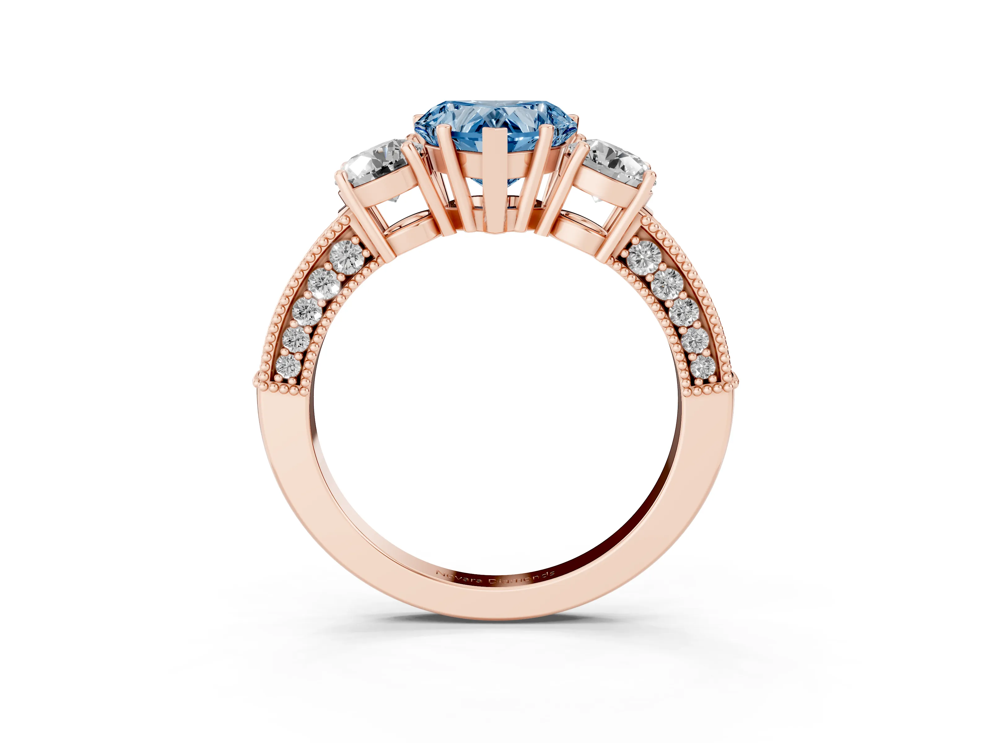 Fancy Blue Heart Cut Diamond Three-Stone Ring Set in Rose gold with Round Side Stones and Pavé Band