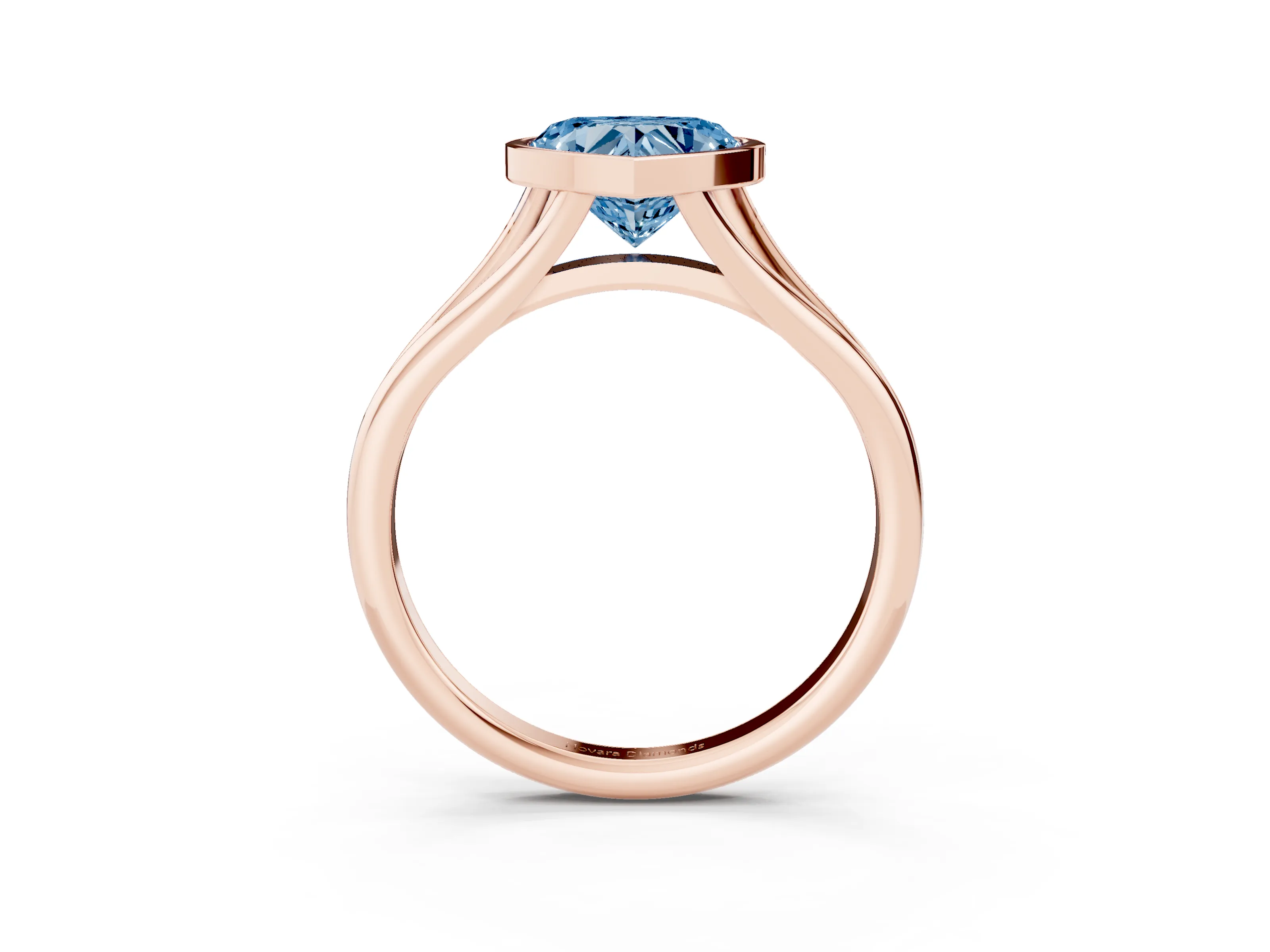 Fancy Blue Bezel Set Heart Cut Diamond Solitaire Ring Set in Rose gold with Tapered Band