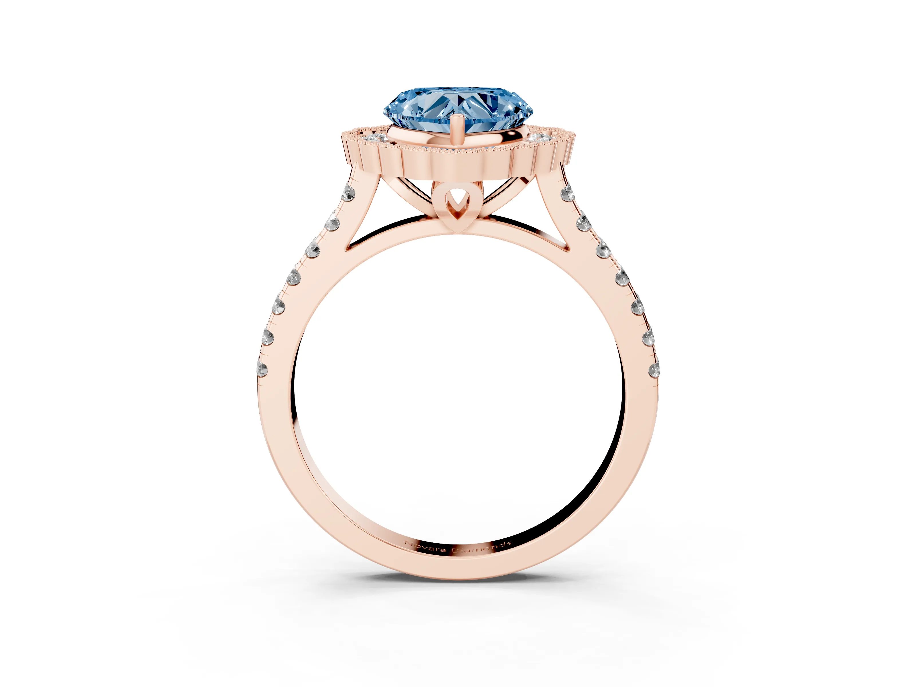 Fancy Blue Heart Cut Diamond Milgrain Floral Halo Engagement Ring Set in Rose gold with Pavé Band