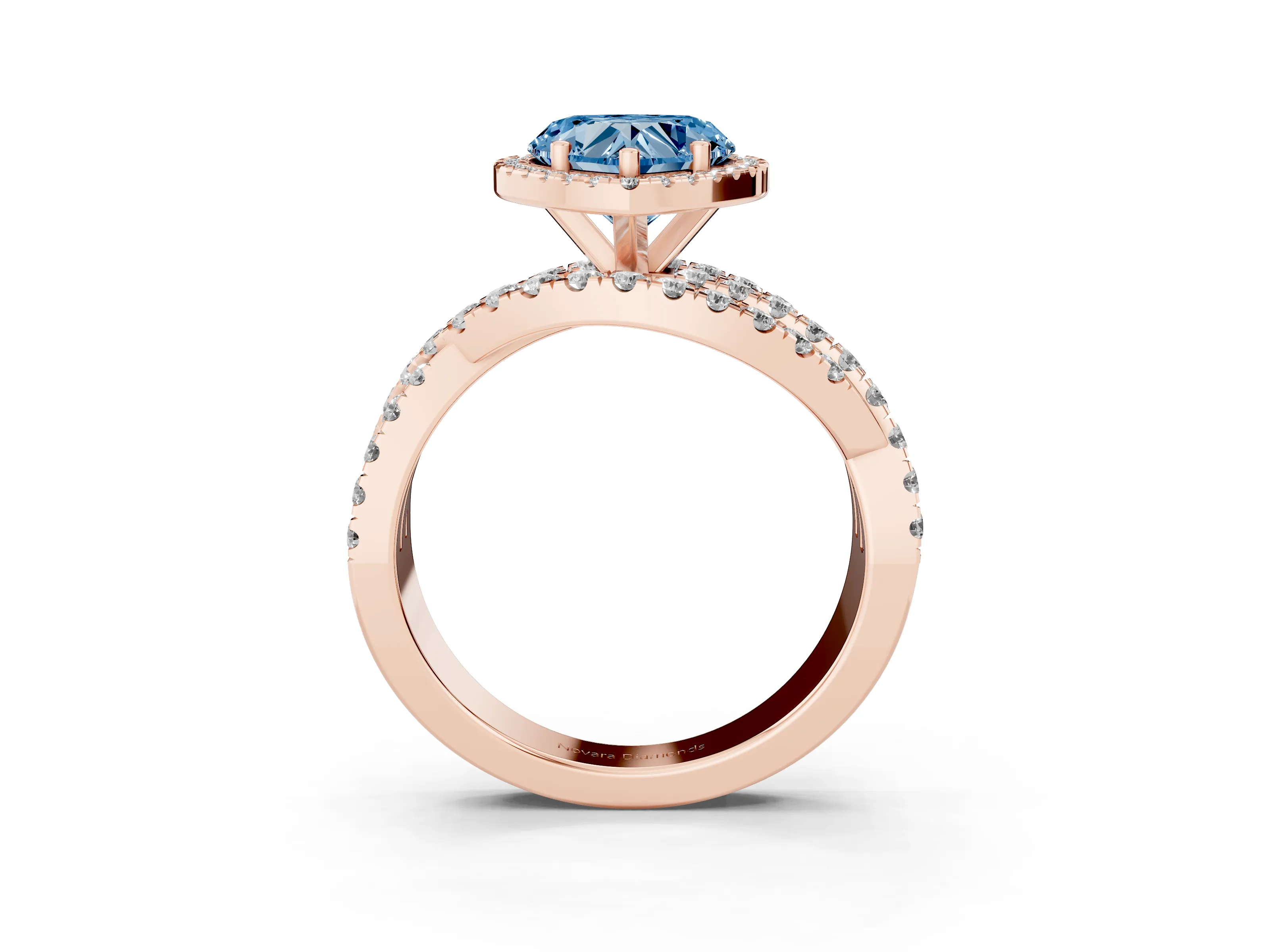 Fancy Blue Heart Cut Diamond Halo Ring Set in Rose gold with Round Crossover Split Shank and Prong Setting