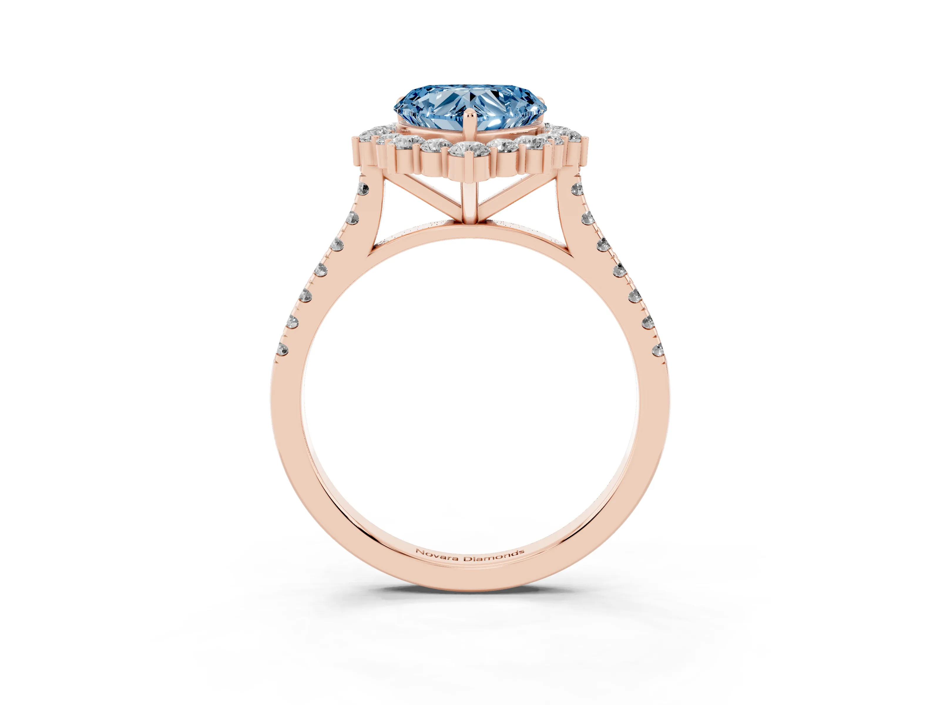 Fancy Blue Heart Cut Diamond Halo Ring Set in Rose gold with Pavé Band and Prong Setting