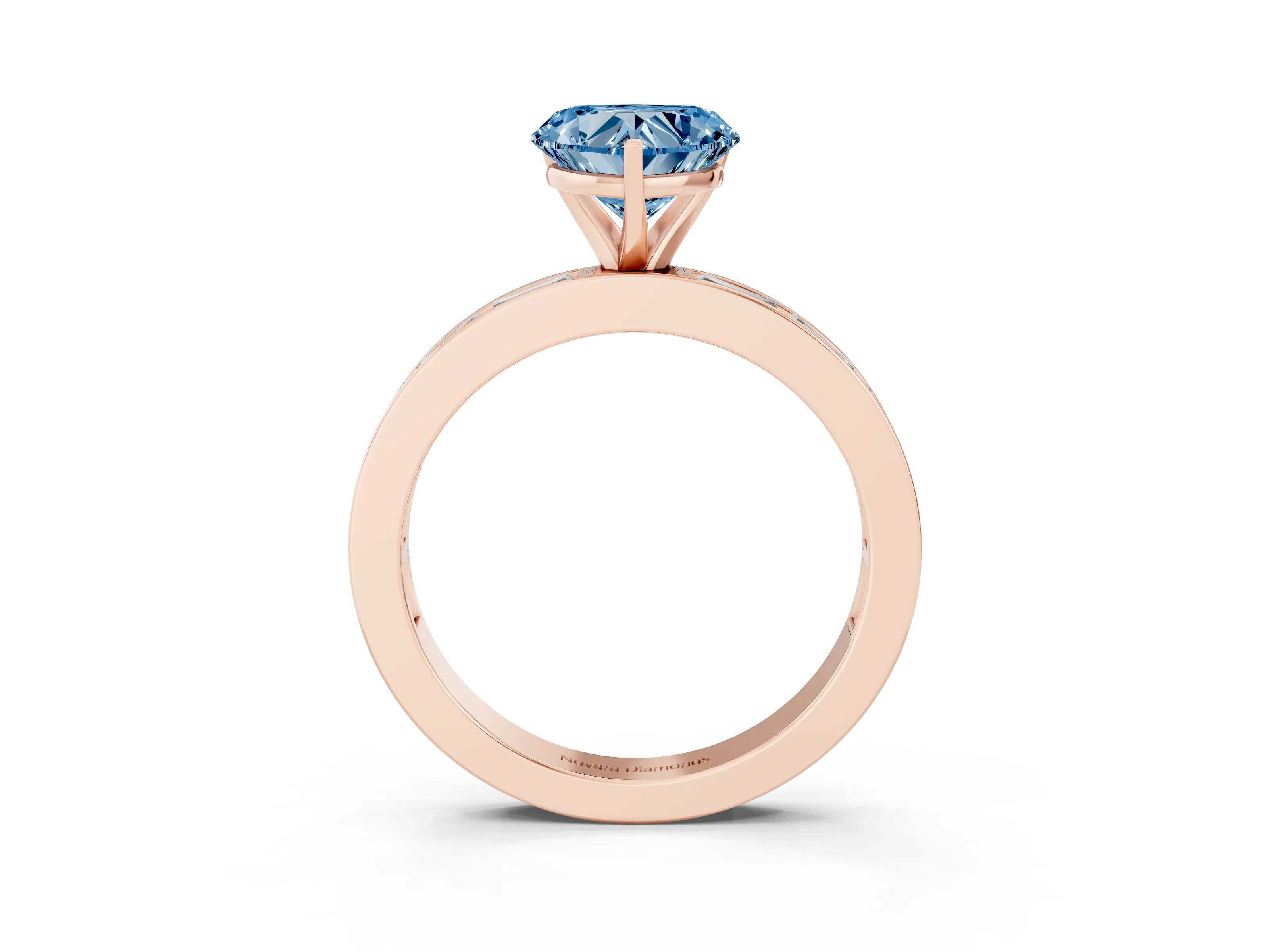 Fancy Blue Heart Cut Diamond Solitaire Ring Set in Rose gold with Channel-Set Baguette Band and Prong Setting