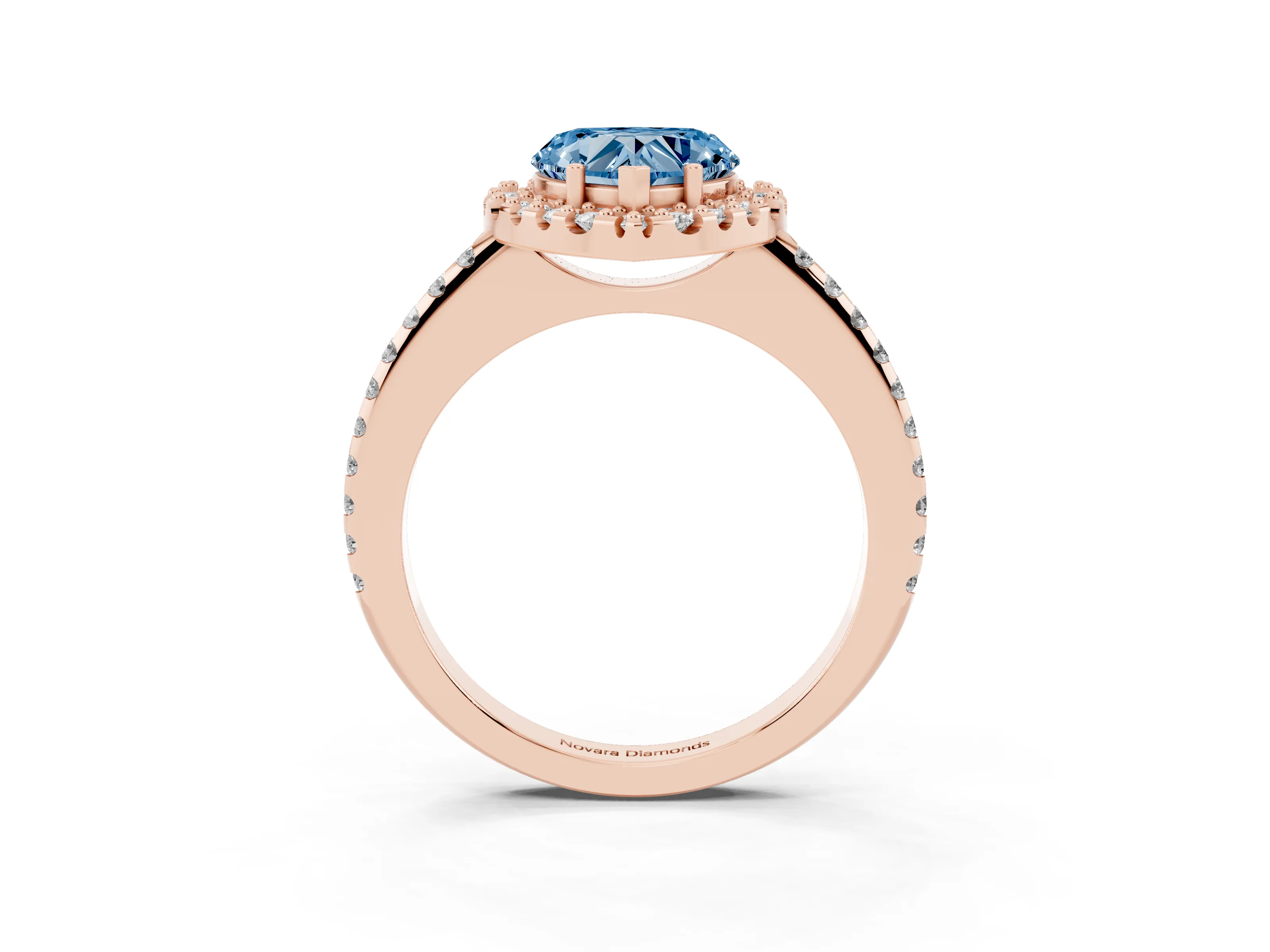 Fancy Blue Heart Cut Diamond Pavé Halo Ring Set in Rose gold with Prong Setting