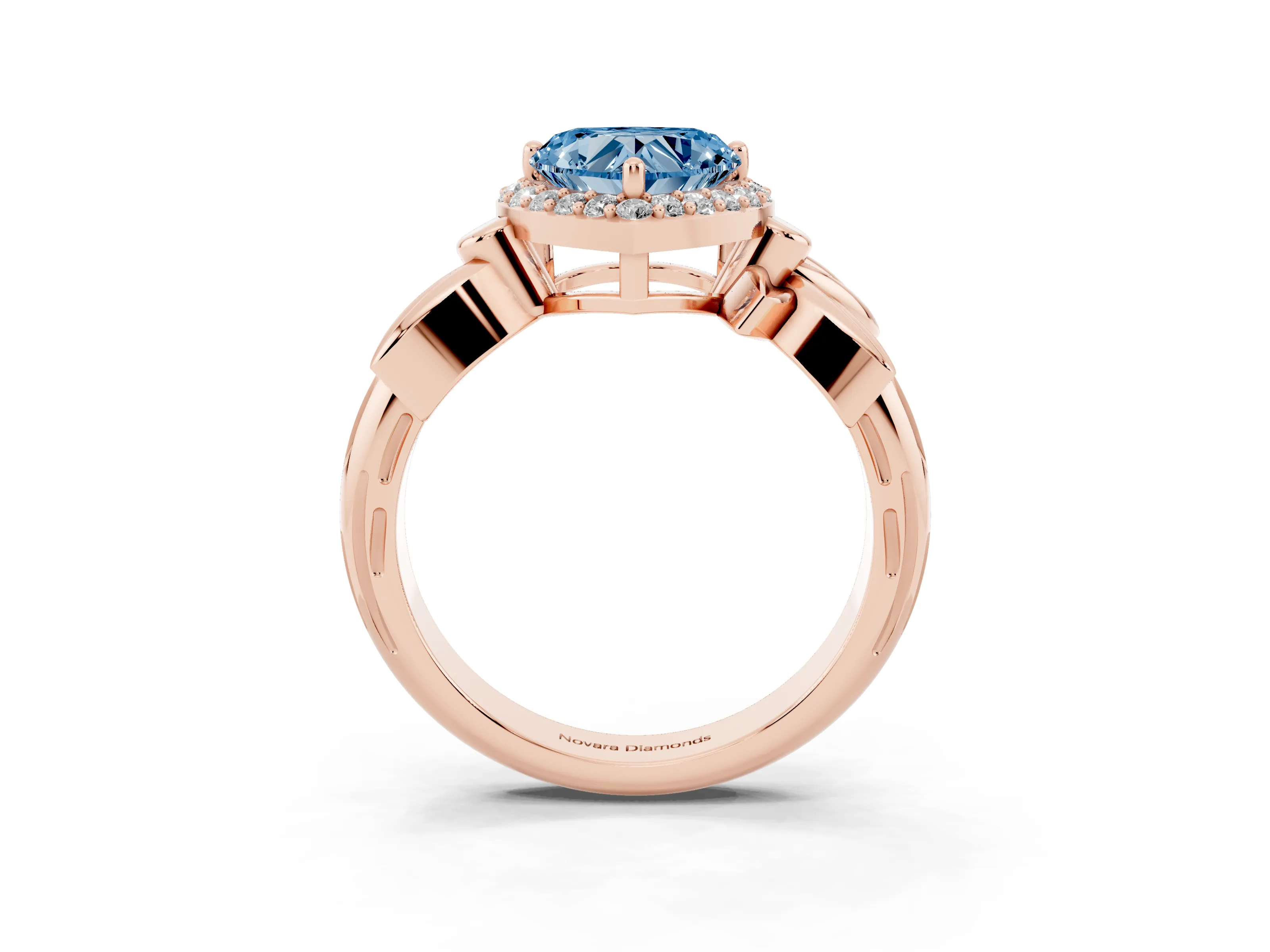 Fancy Blue Heart Cut Diamond Halo Floral Band Ring Set in Rose gold with Prong Setting