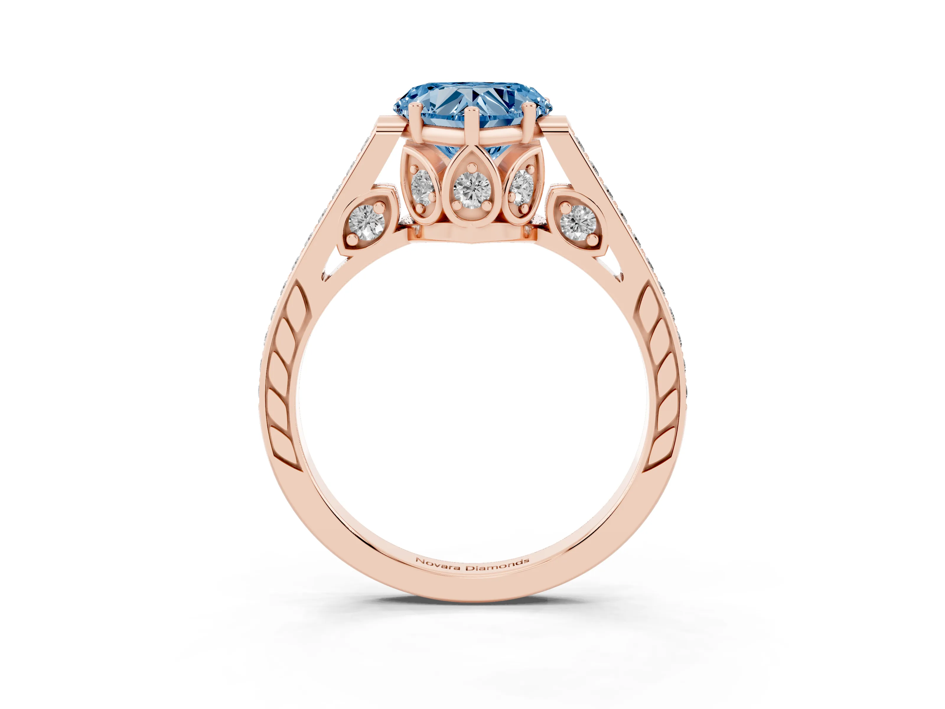 Fancy Blue Heart Cut Diamond Cathedral Pavé Engagement Ring Set in Rose gold with Prong Setting