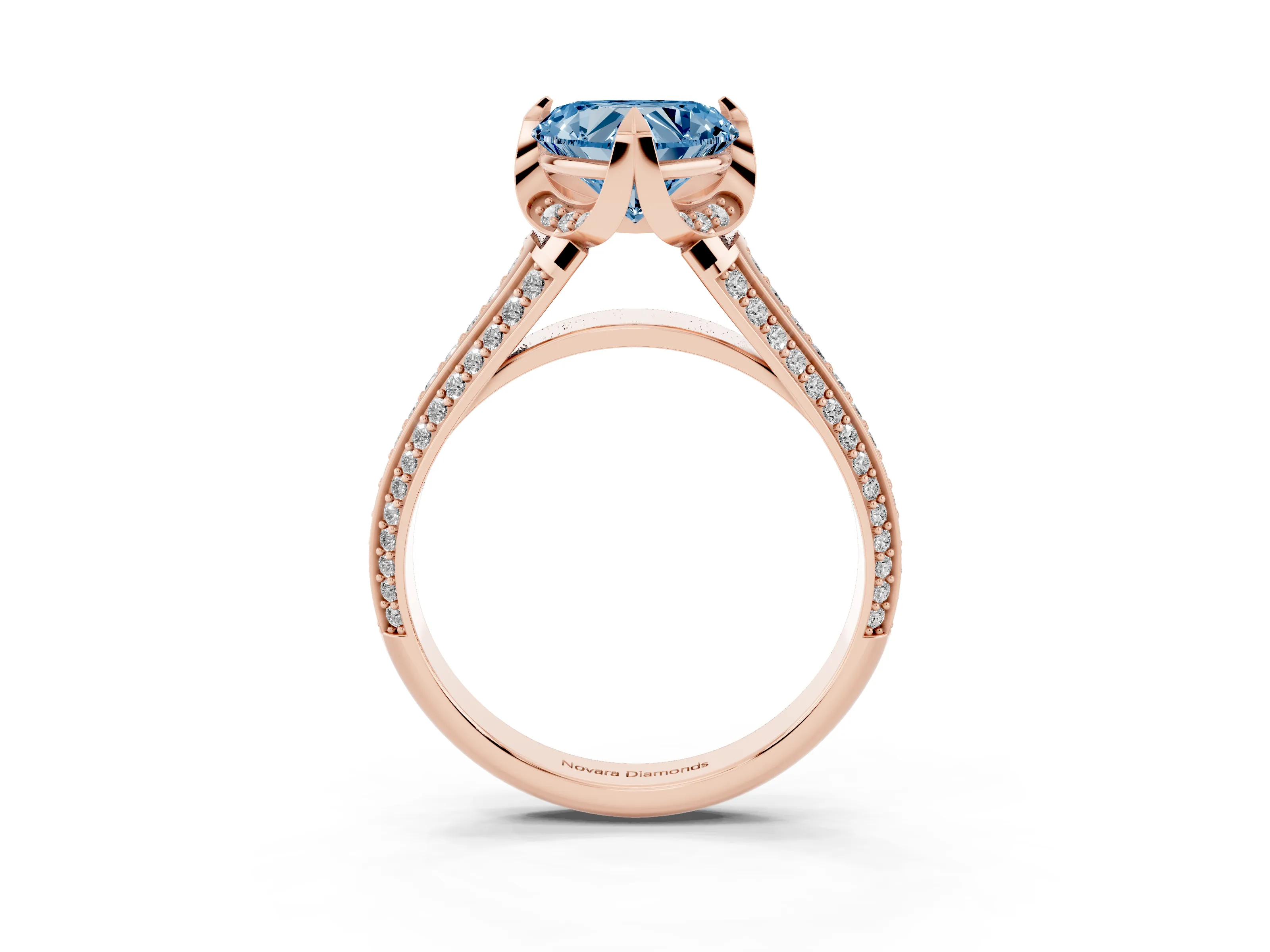 Fancy Blue Heart Cut Diamond Pavé Split Shank Solitaire Ring Set in Rose gold with Prong Setting