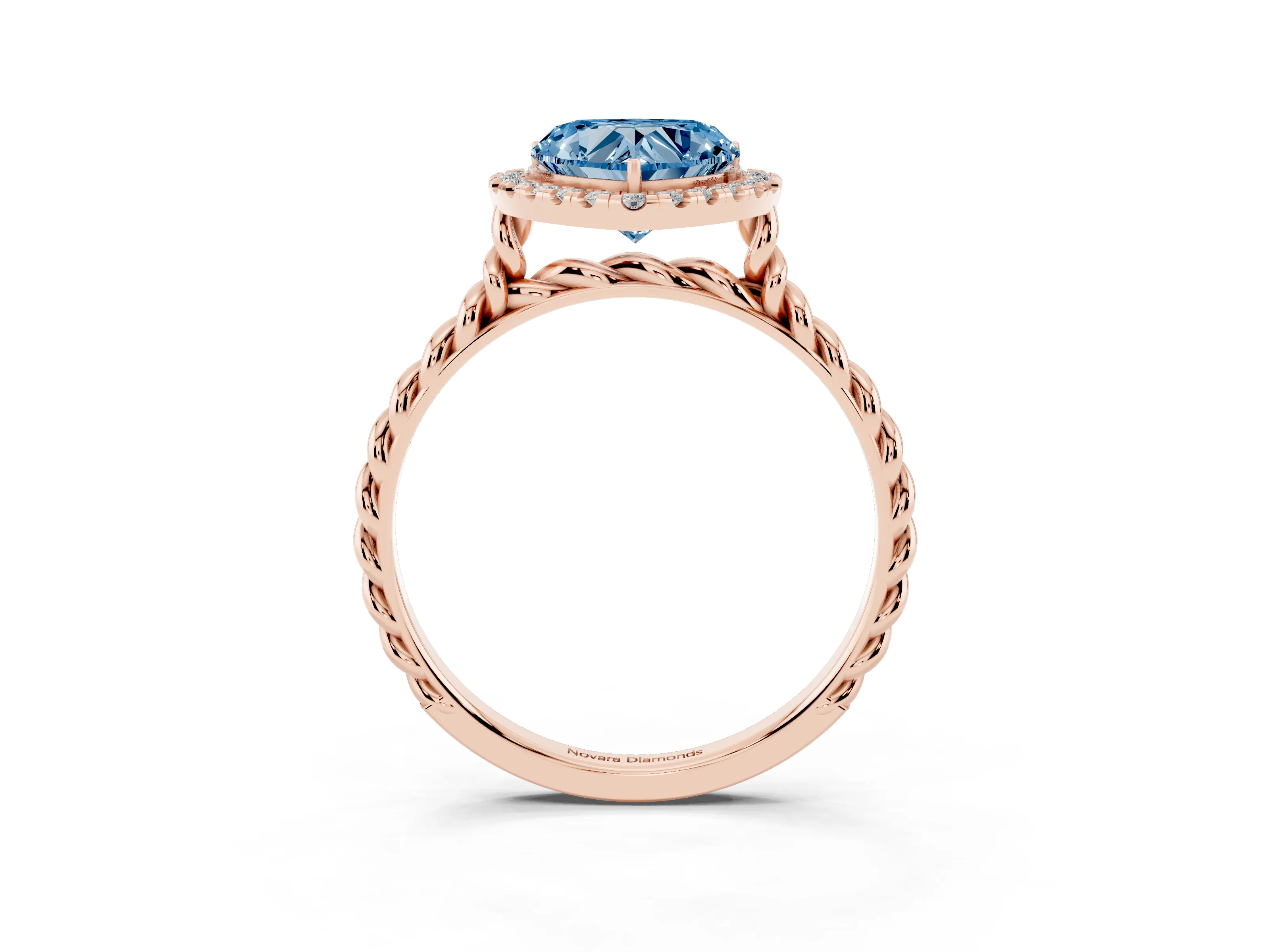 Fancy Blue Heart Cut Diamond Halo Ring Set in Rose gold with Plain Twisted Band