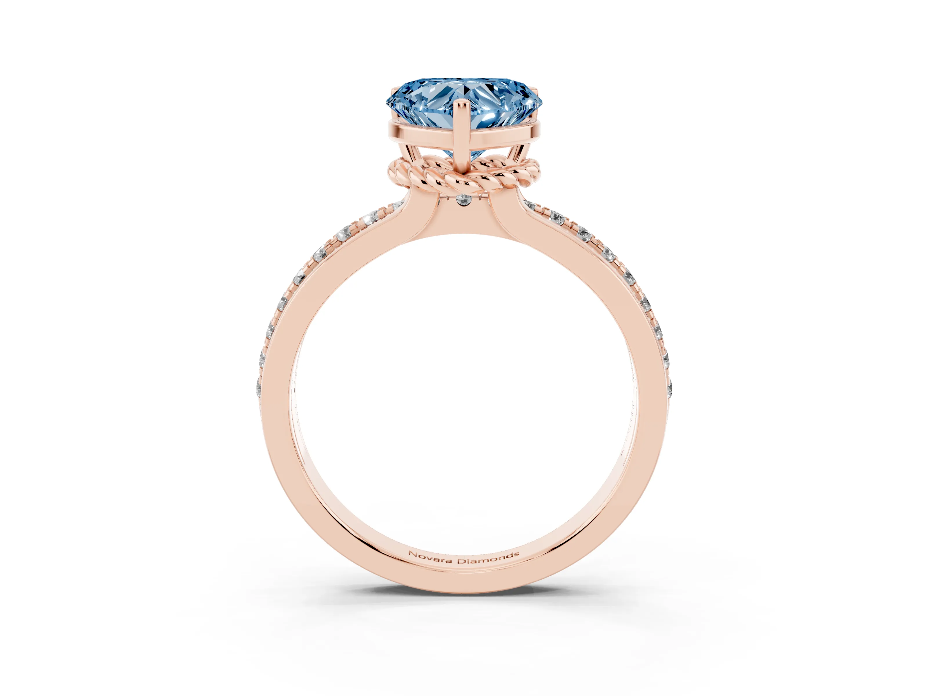 Fancy Blue Heart Cut Diamond Solitaire Ring Set in Rose gold with Channel Set Band and Prong Setting