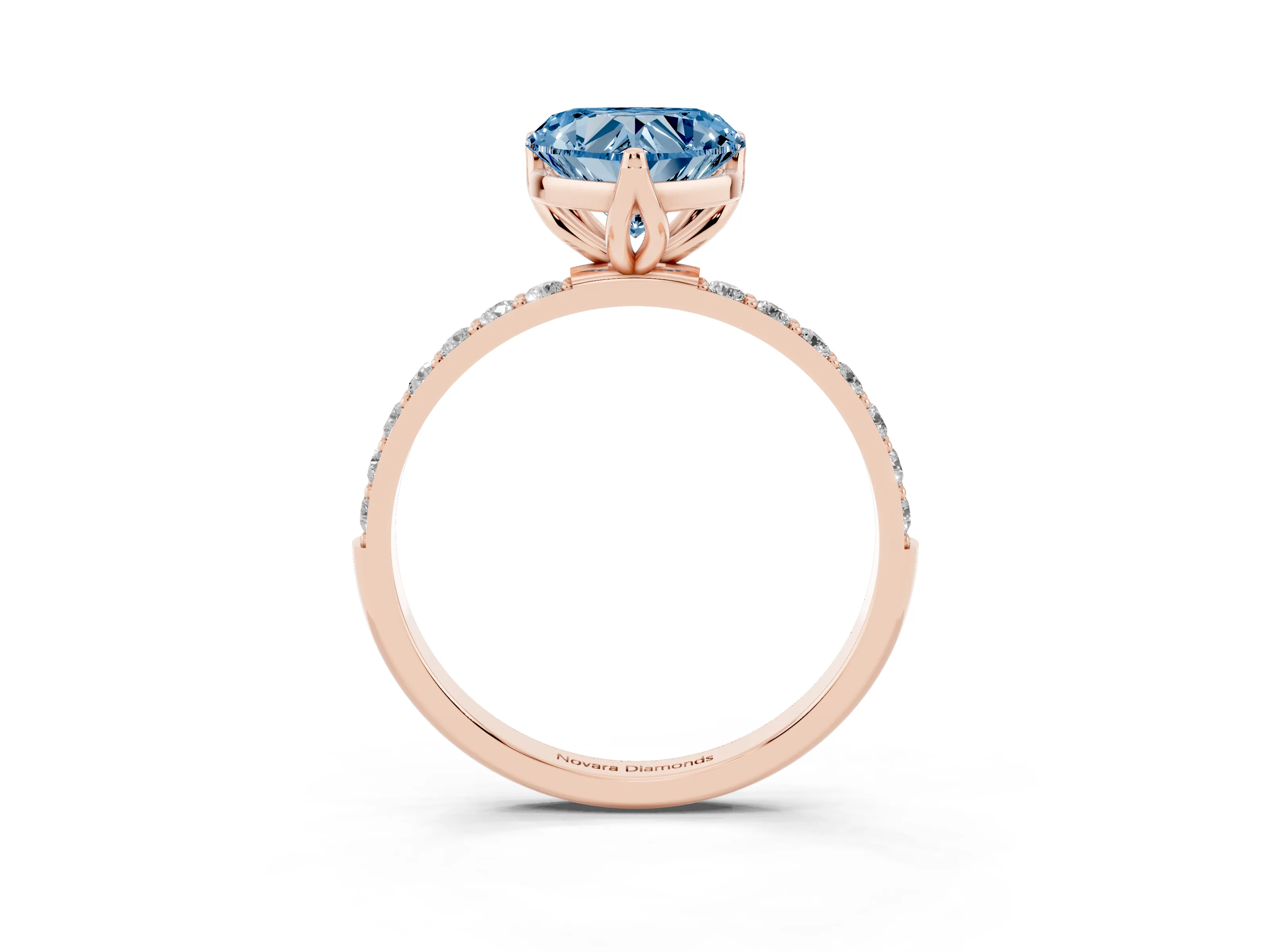 Fancy Blue Heart Cut Diamond Solitaire Engagement Ring Set in Rose gold with Round Pavé Band and Prong Setting