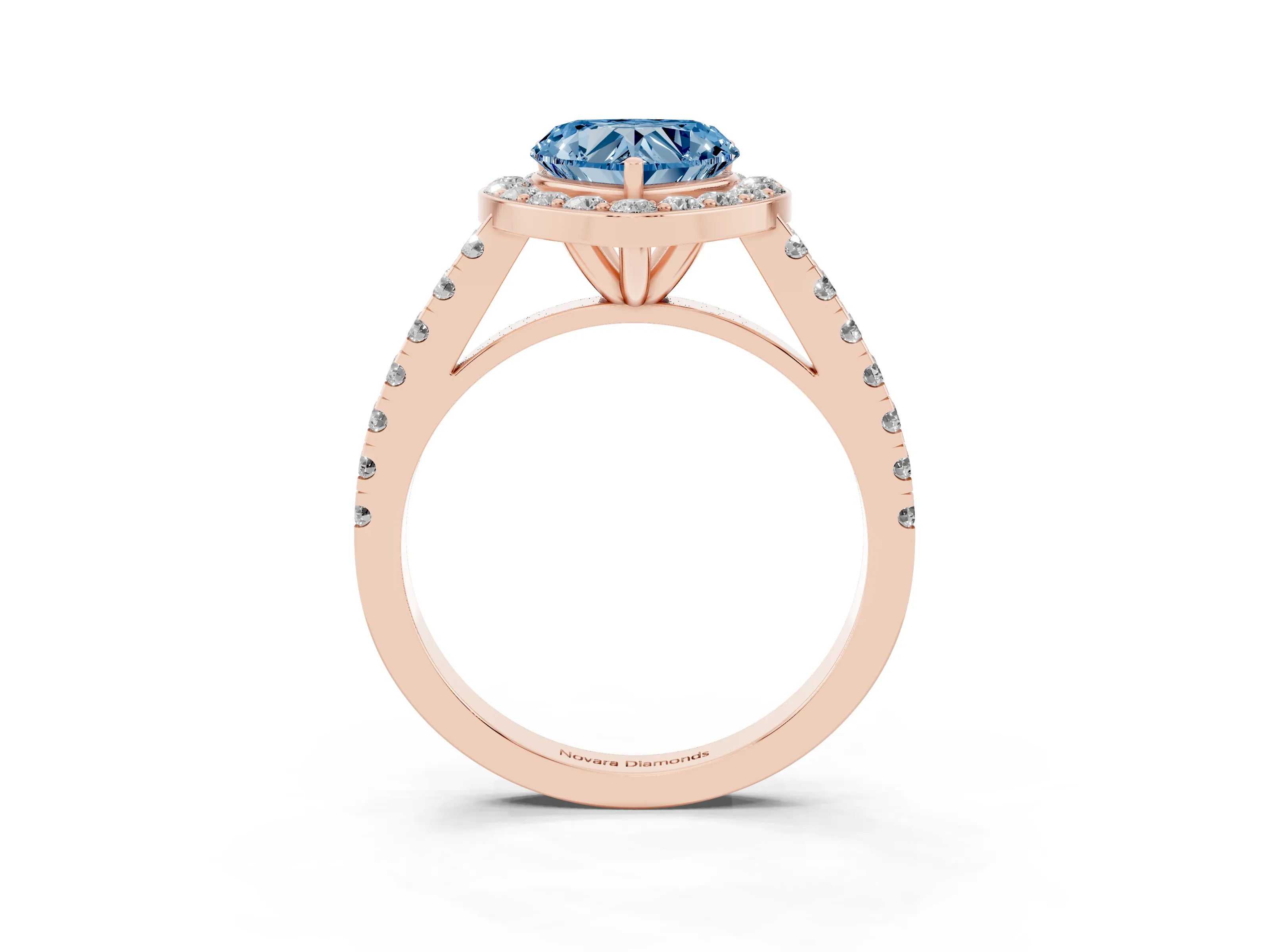 Fancy Blue Heart Cut Diamond Halo Ring Set in Rose gold with Round Pavé Split Shank and Prong Setting