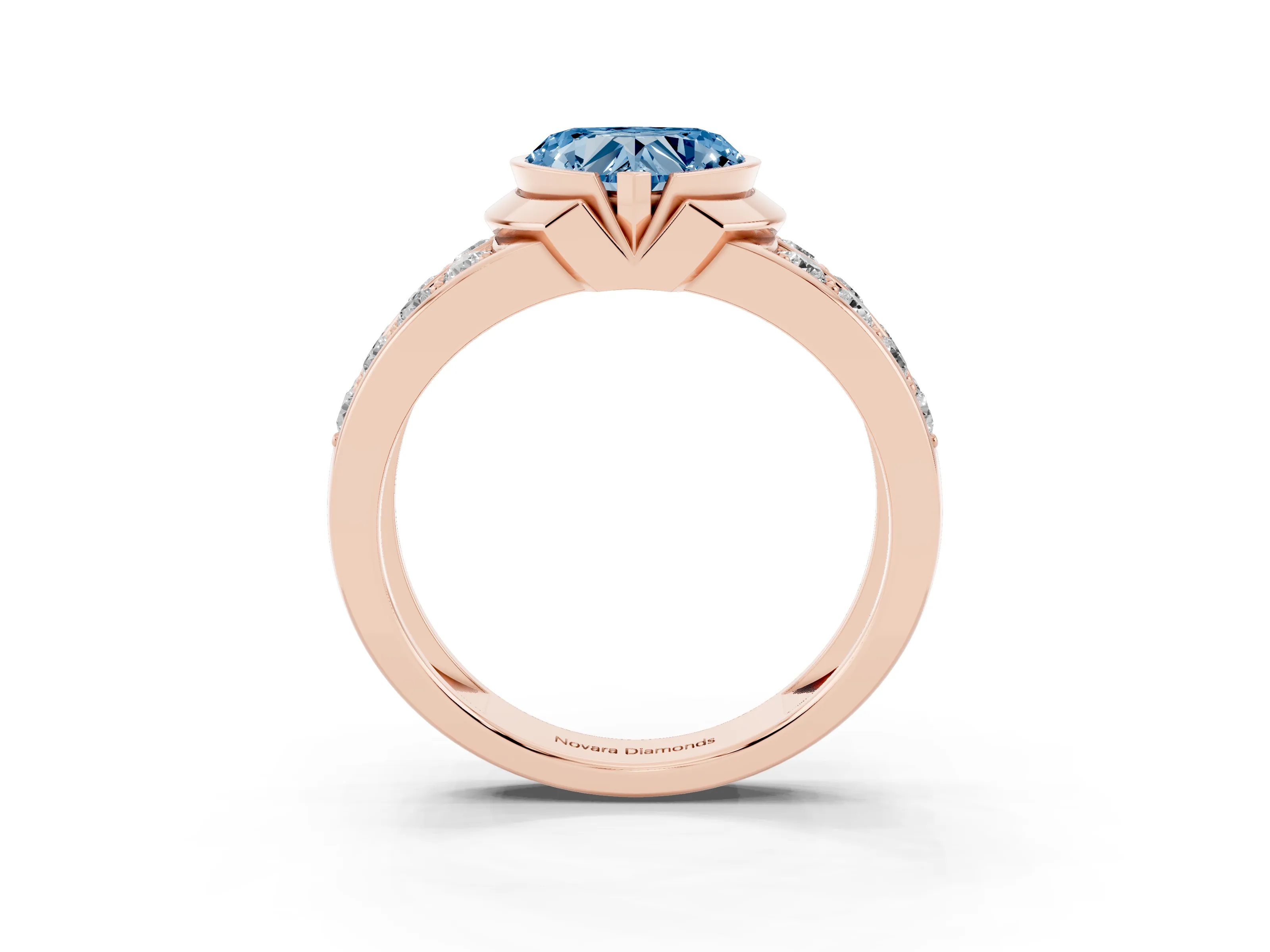 Fancy Blue Heart Cut Diamond Wide Channel Set Band Ring Set in Rose gold with Bezel Setting