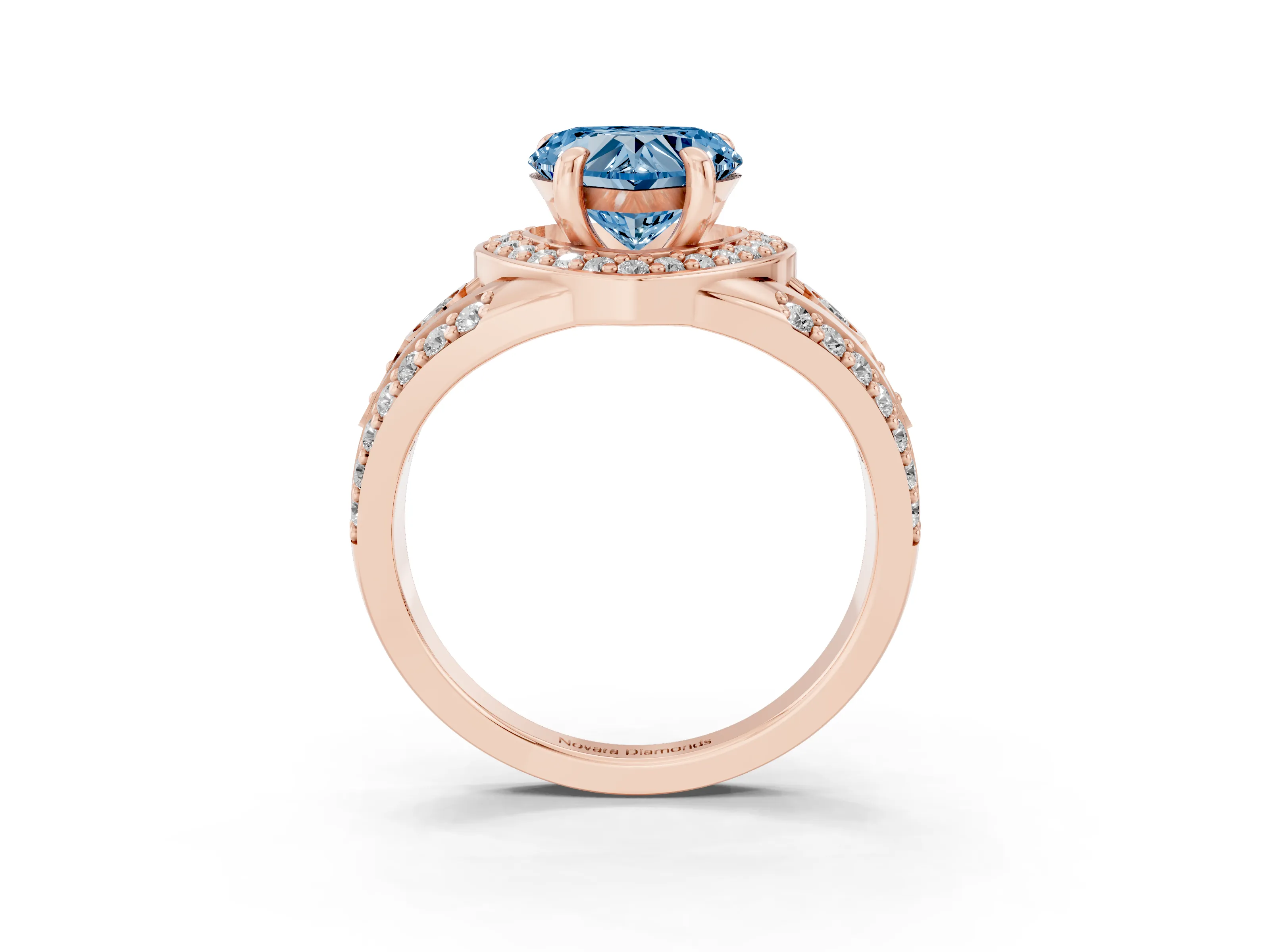 Fancy Blue Heart Cut Diamond Halo Ring Set in Rose gold with Pavé Split Shank and Bezel Accents