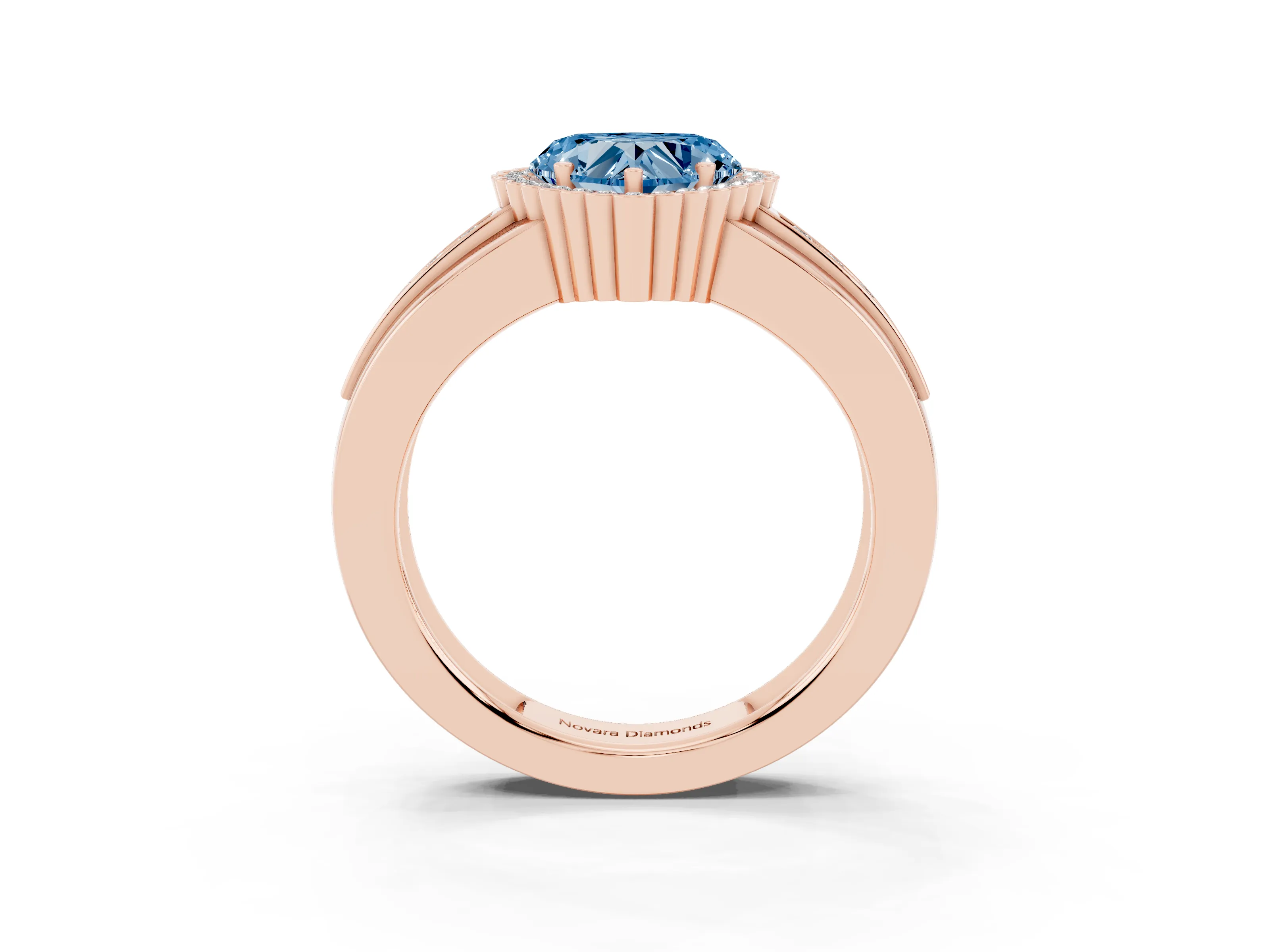 Fancy Blue Heart Cut Diamond Halo Prong Ring Set in Rose gold with Pavé Band