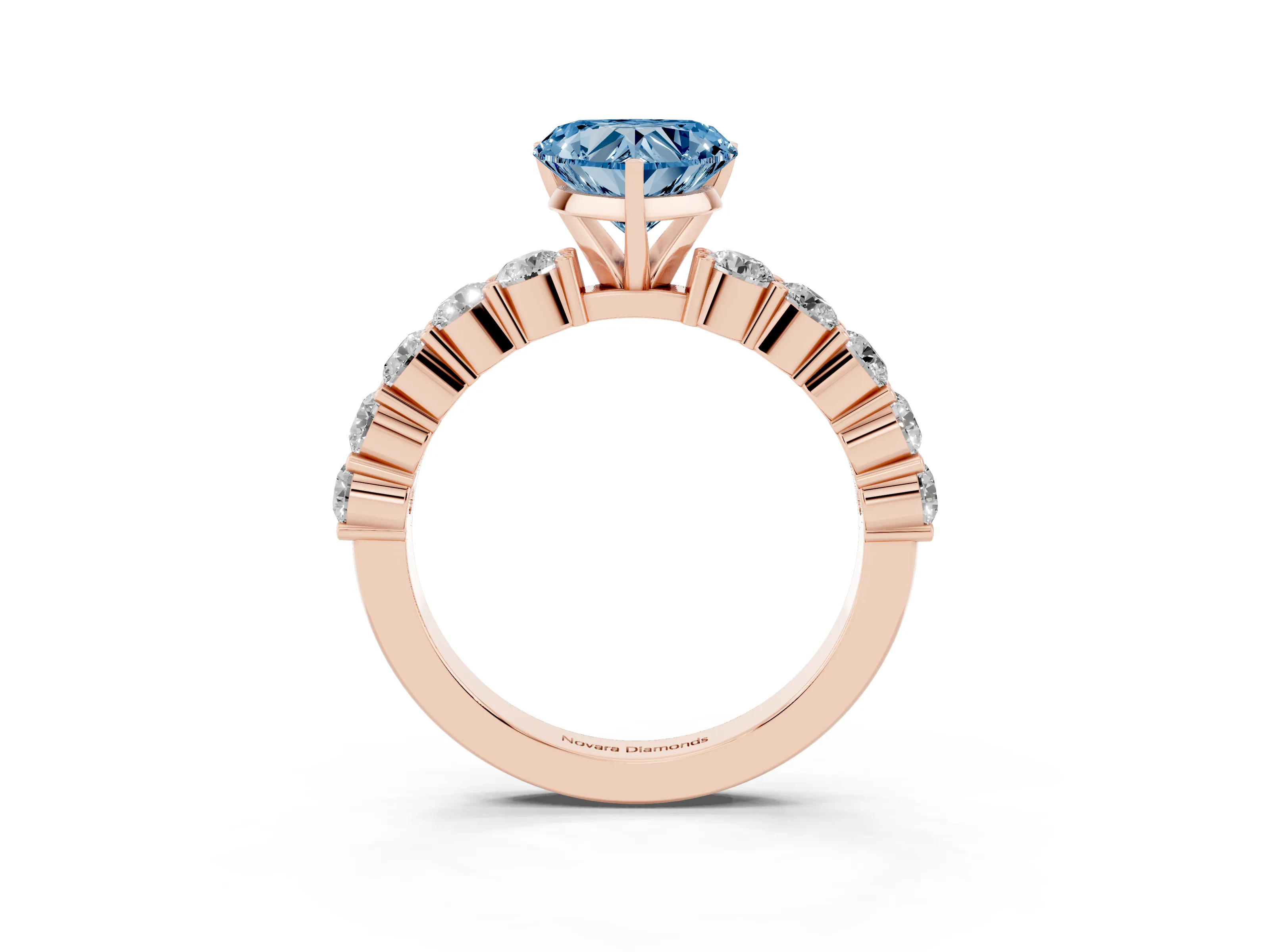 Fancy Blue Heart Cut Diamond Solitaire Ring Set in Rose gold with Shared Prong Round Side Stones