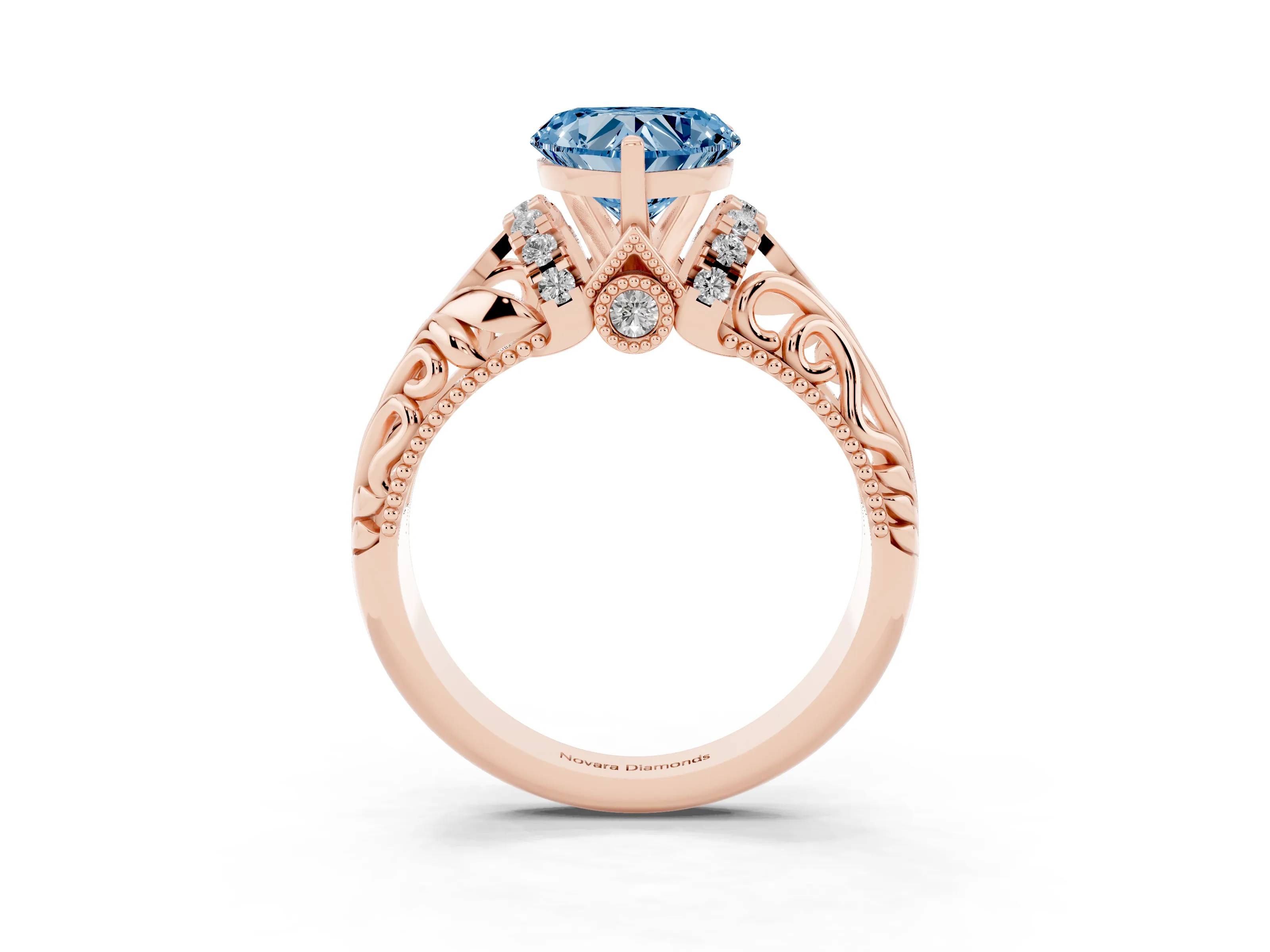 Fancy Blue Heart Cut Diamond Filigree Halo Engagement Ring Set in Rose gold with Prong Setting