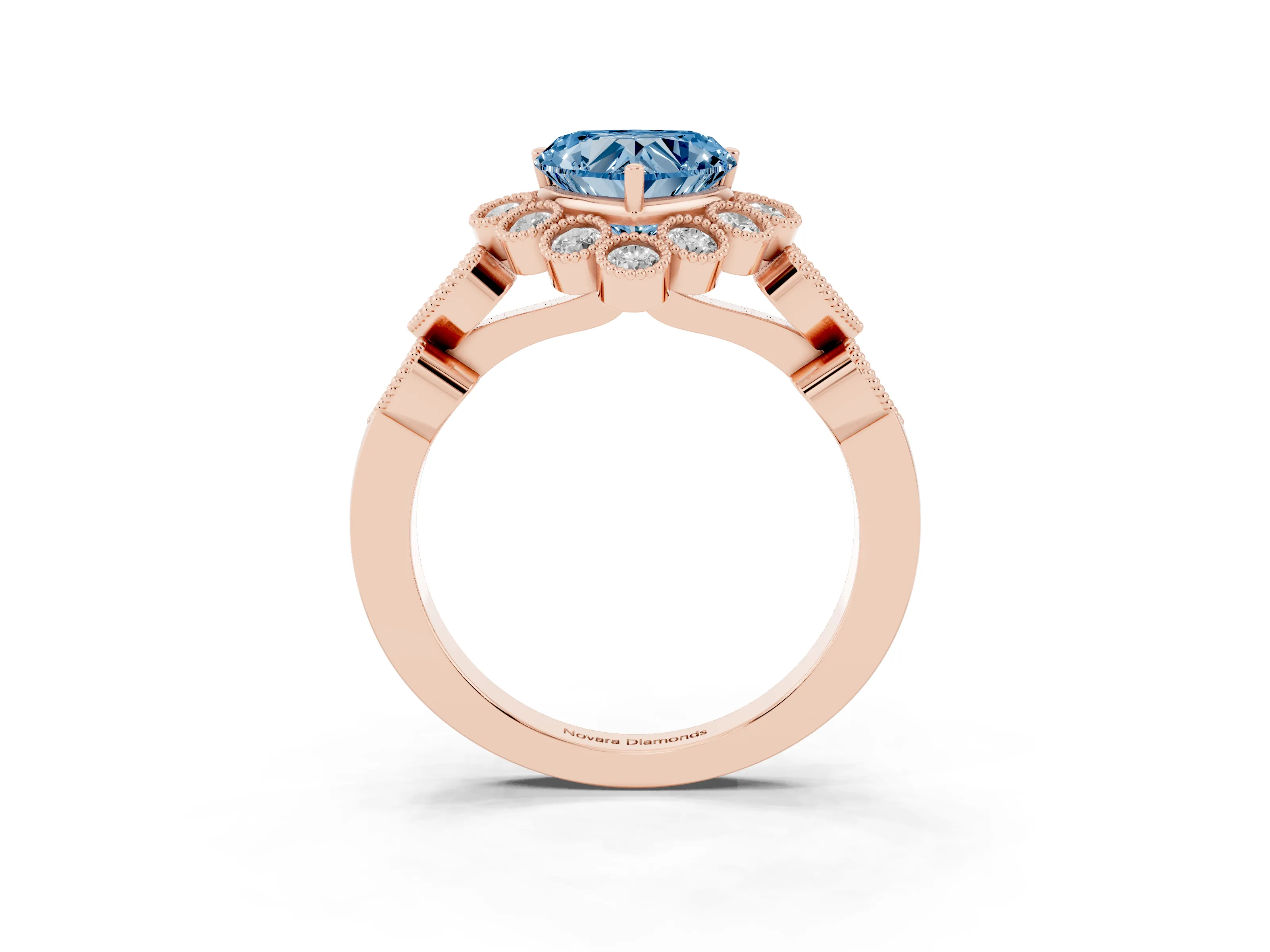 Fancy Blue Heart Cut Diamond Solitaire Ring Set in Rose gold with Milgrain Pavé Heart Band