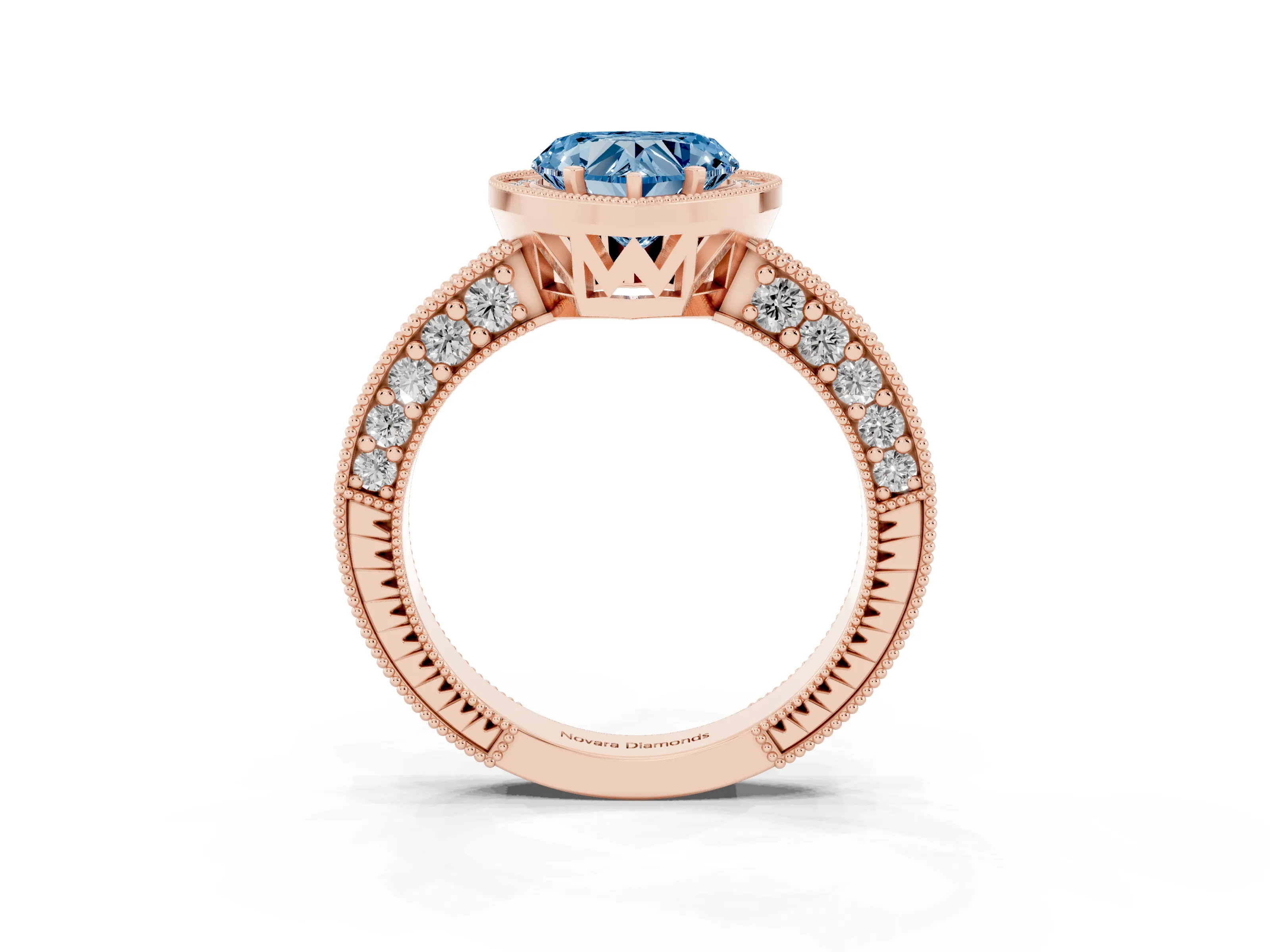 Fancy Blue Heart Cut Diamond Halo Pavé Band Ring Set in Rose gold with Prong-Set Center