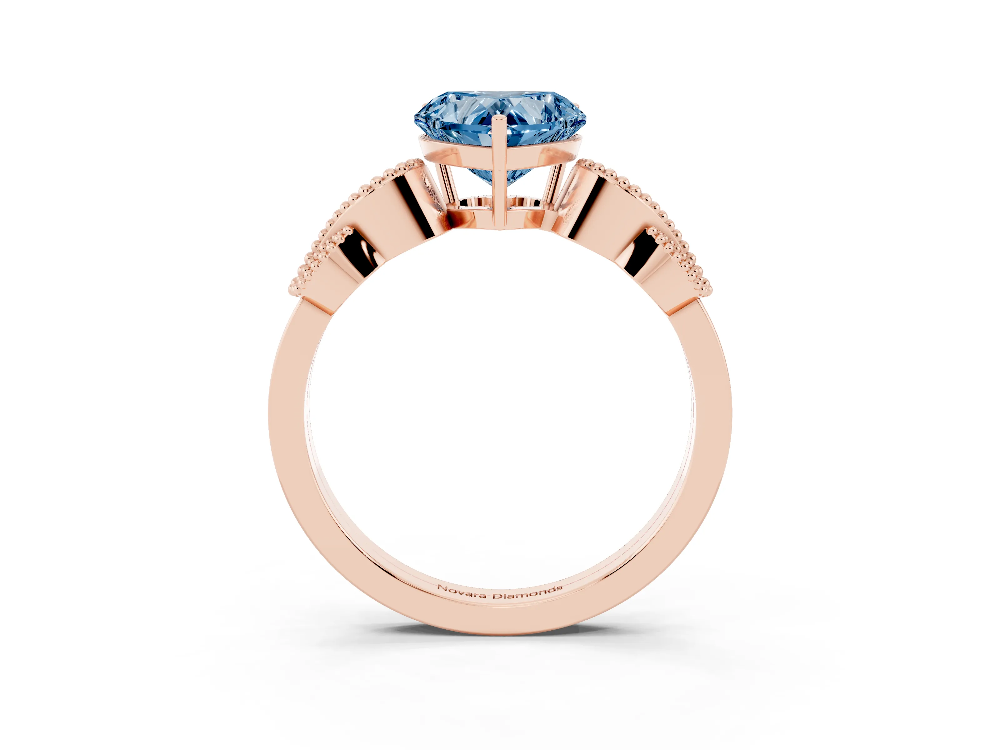 Fancy Blue Heart Cut Diamond Milgrain Leaf Band Solitaire Ring Set in Rose gold with Accent Stones and Prong Setting