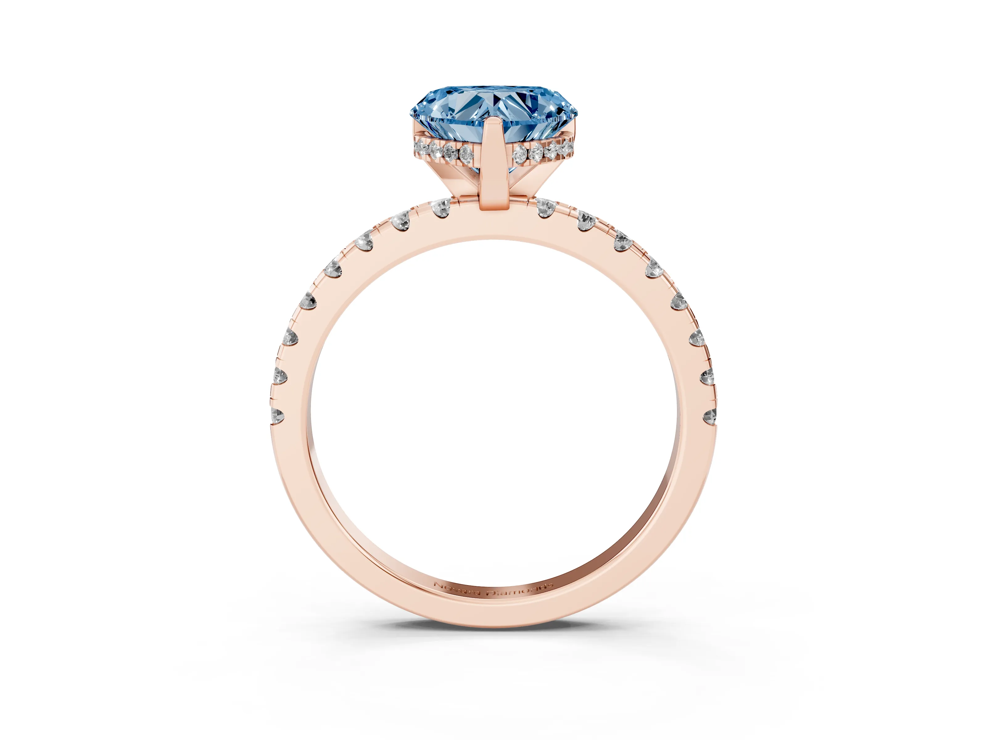 Fancy Blue Heart Cut Diamond Pavé Solitaire Ring Set in Rose gold with Round Band Accents and Prong Setting
