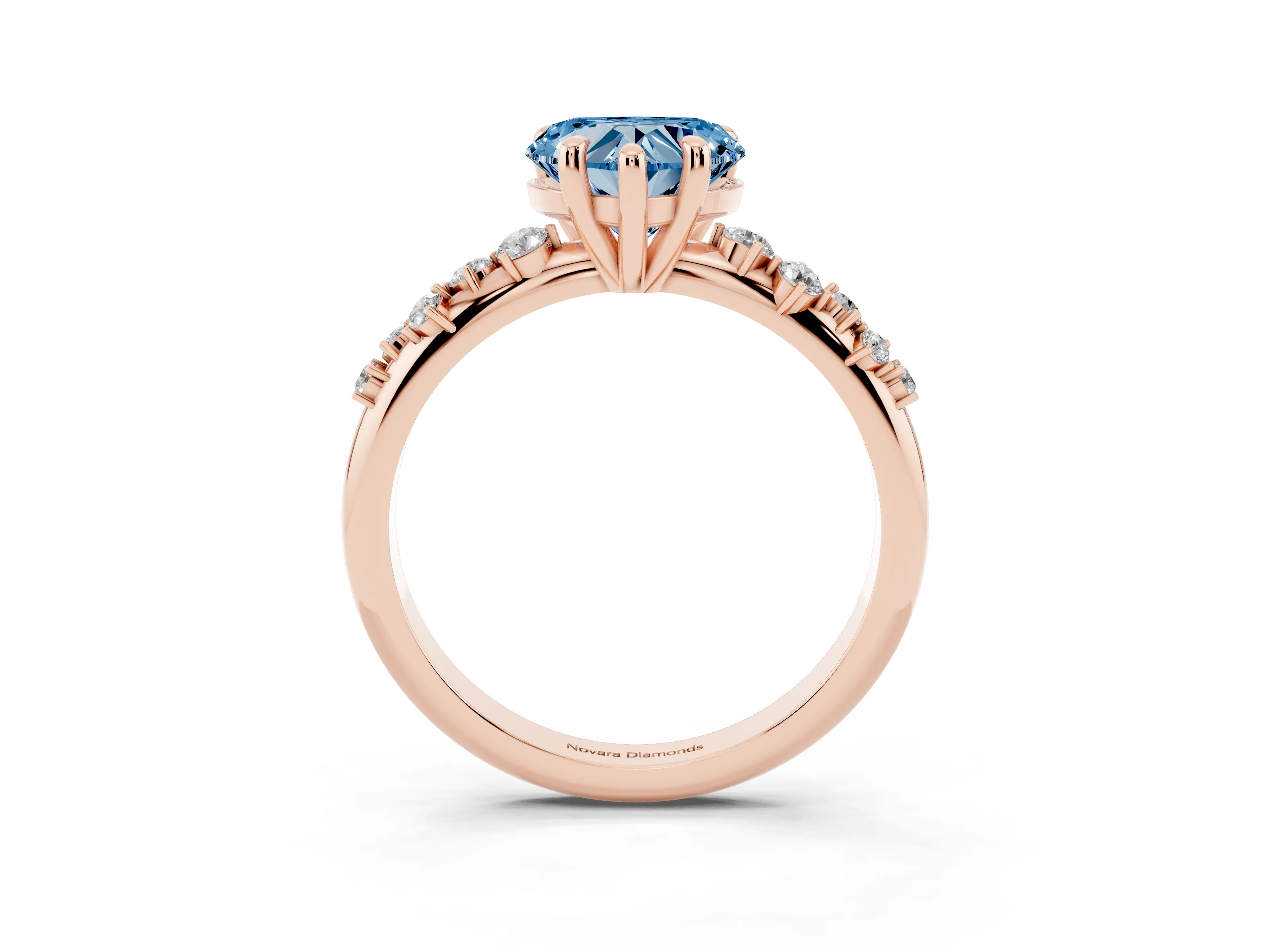 Fancy Blue Heart Cut Diamond Solitaire Vine Band Ring Set in Rose gold with Round Accents and Prong Setting